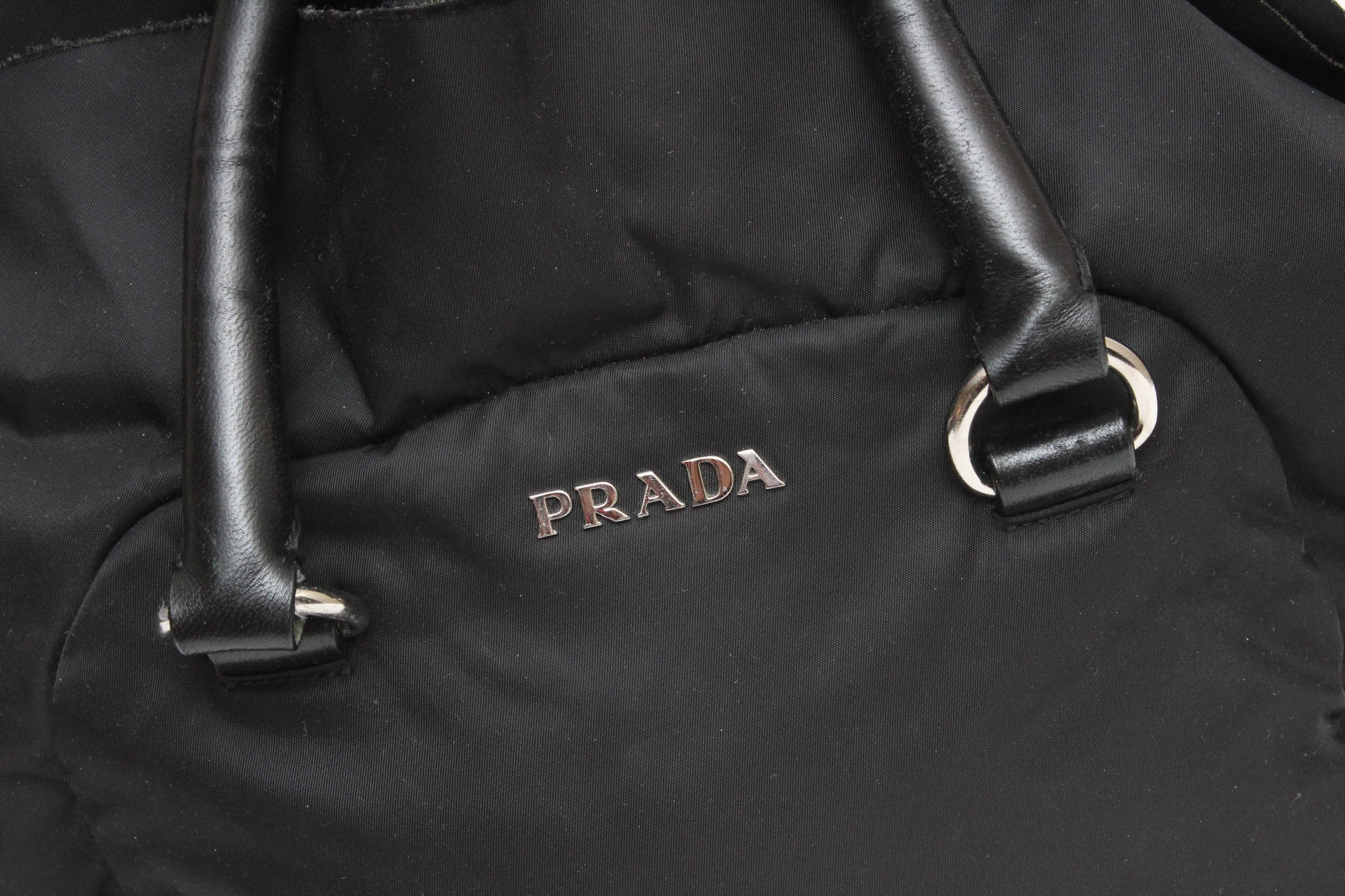Prada Black Tessuto Nylon Leather Ruffle  Handbag