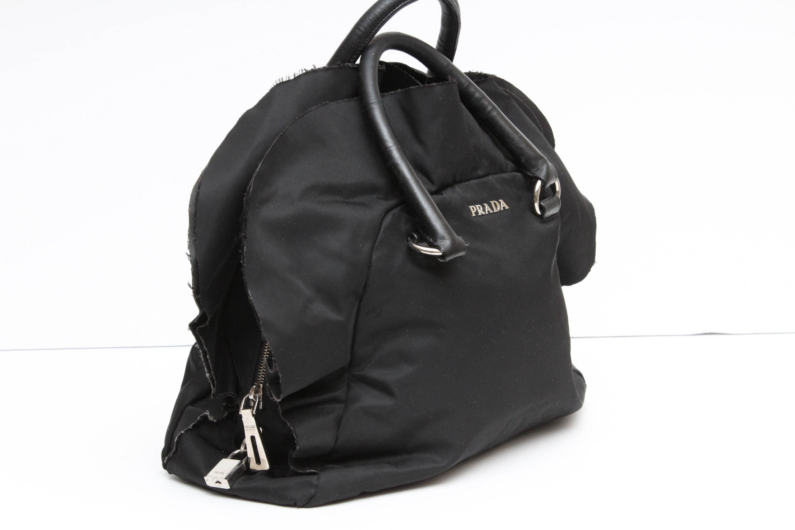 Prada Black Tessuto Nylon Leather Ruffle  Handbag
