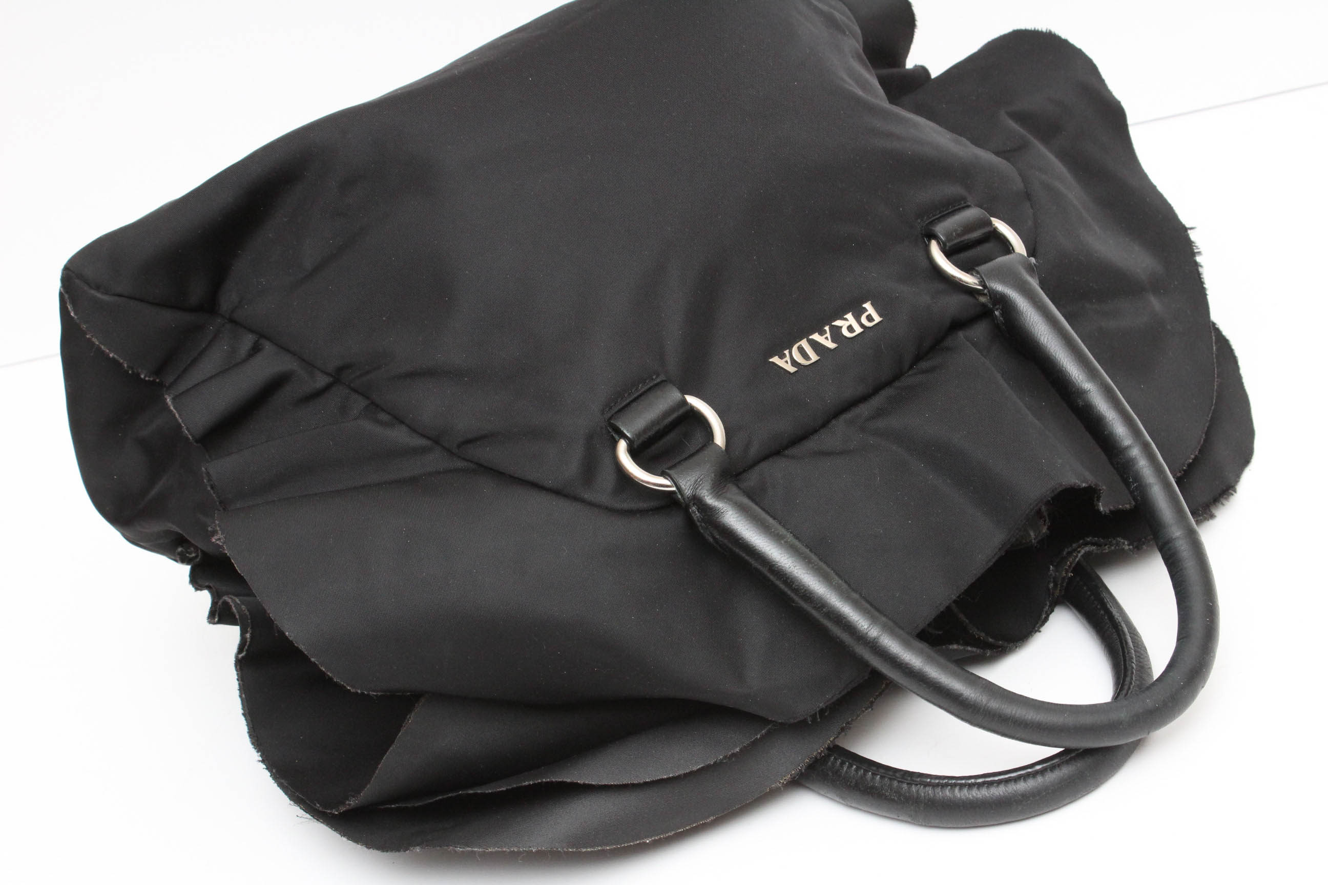 Prada Black Tessuto Nylon Leather Ruffle  Handbag