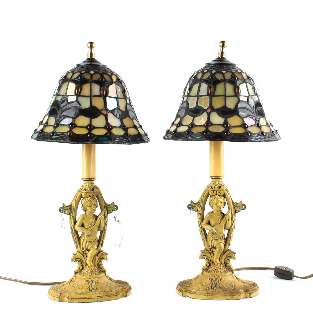 Pair of Stained Glass Cherub Lamps
