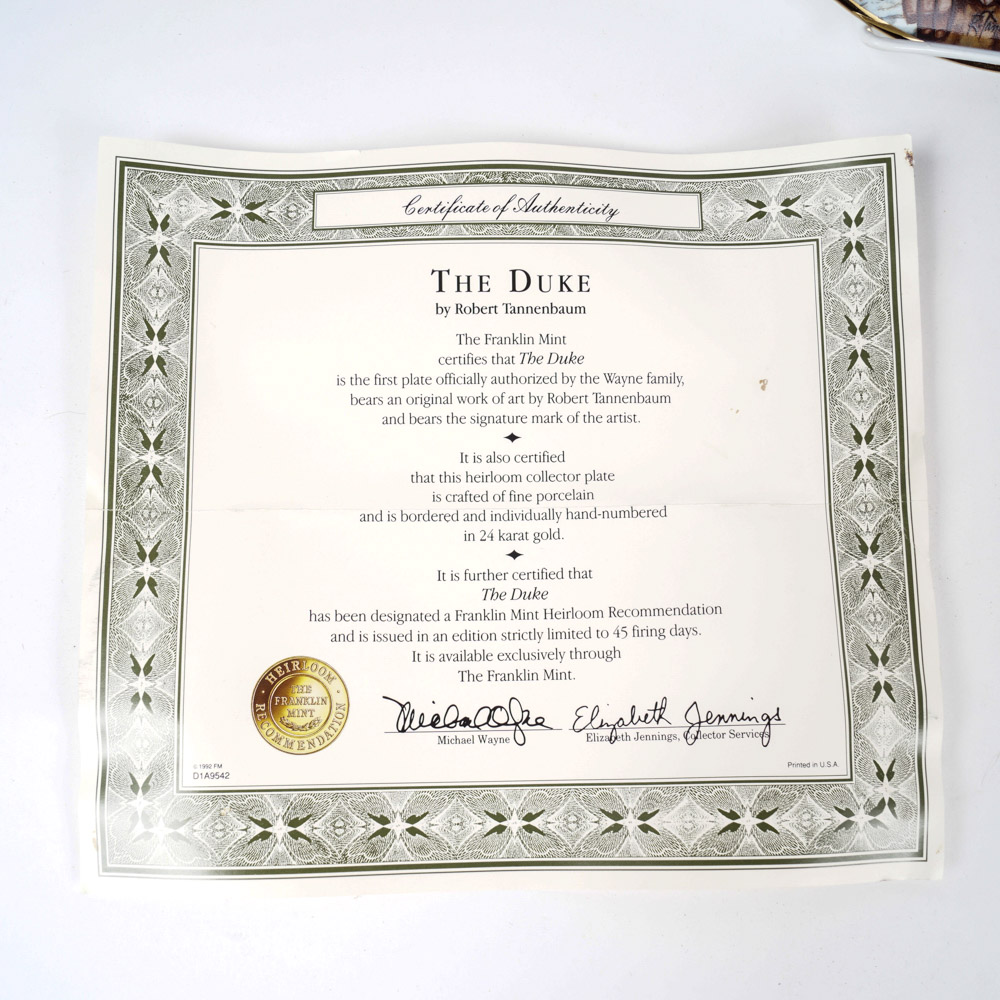 Limited Edition Franklin Mint "John Wayne" Collector Plates