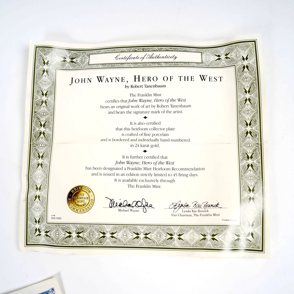 Limited Edition Franklin Mint "John Wayne" Collector Plates