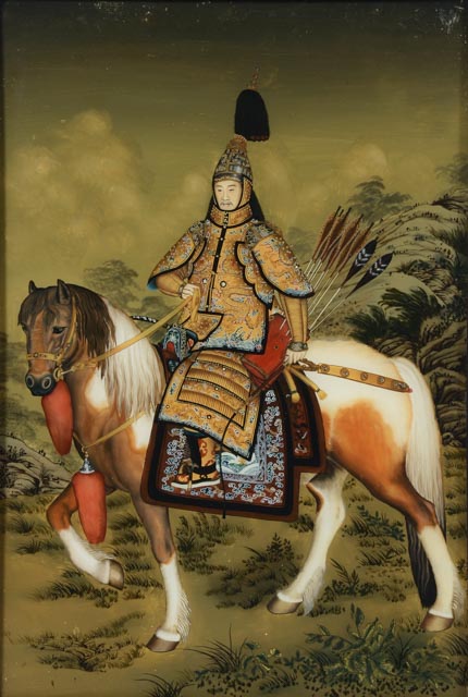 Reverse Painting After Guiseppe Castiglione "The Qianlong Emperor in Ceremonial Armour on Horseback"