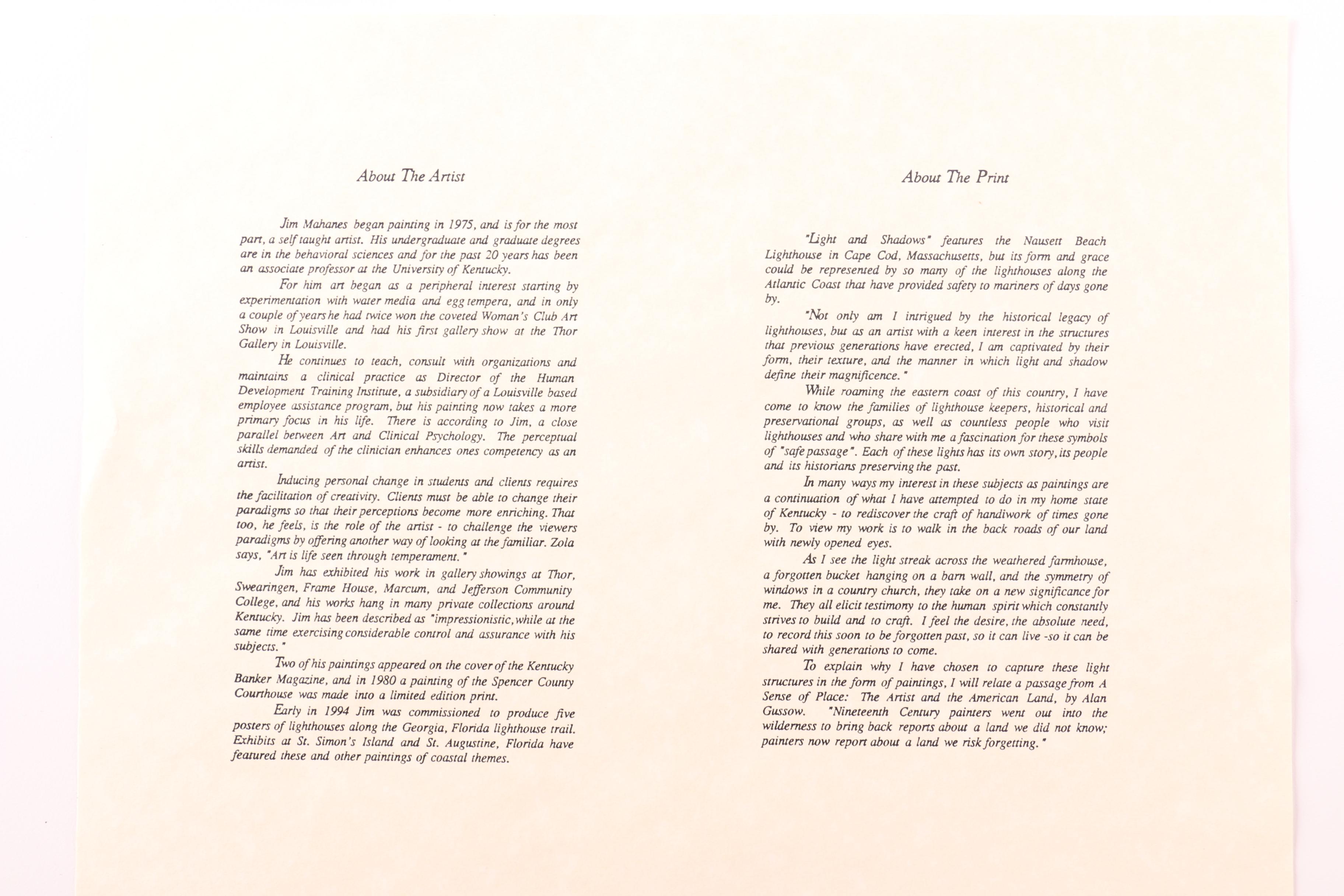 After Jim Mahanes Limited Edition Offset Lithograph "Light and Shadow"