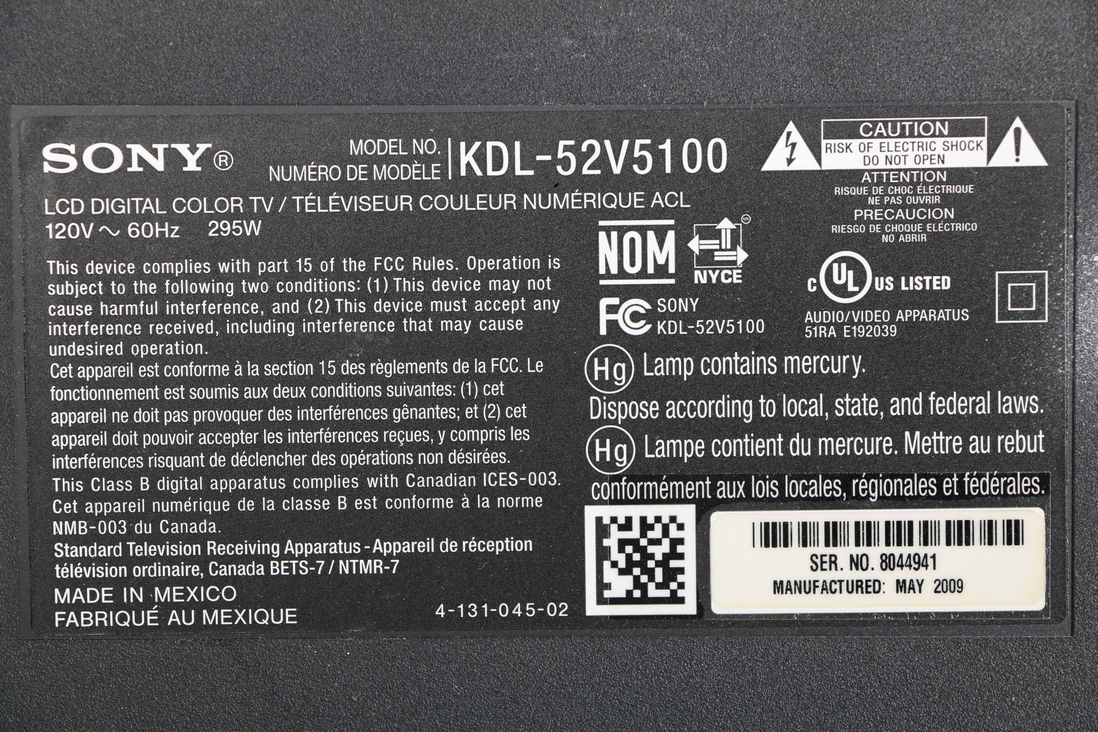 Sony Bravia 52" LCD Television With Remote Control and Wall Mount