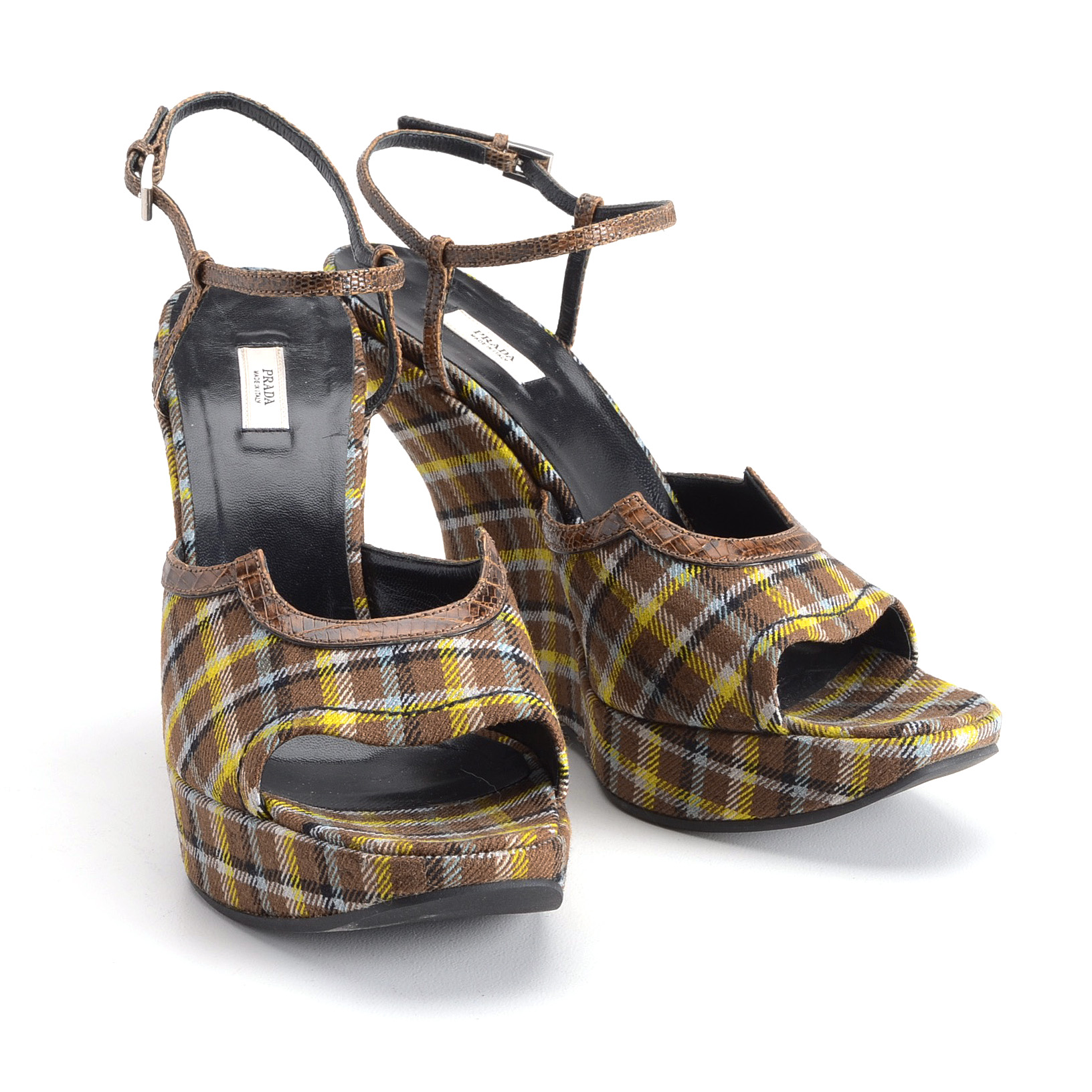 Prada Plaid Lizard Trimmed Wedges