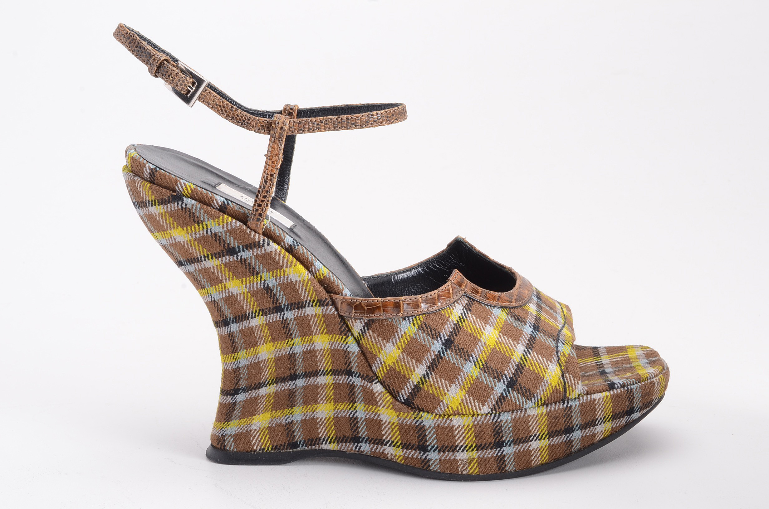 Prada Plaid Lizard Trimmed Wedges