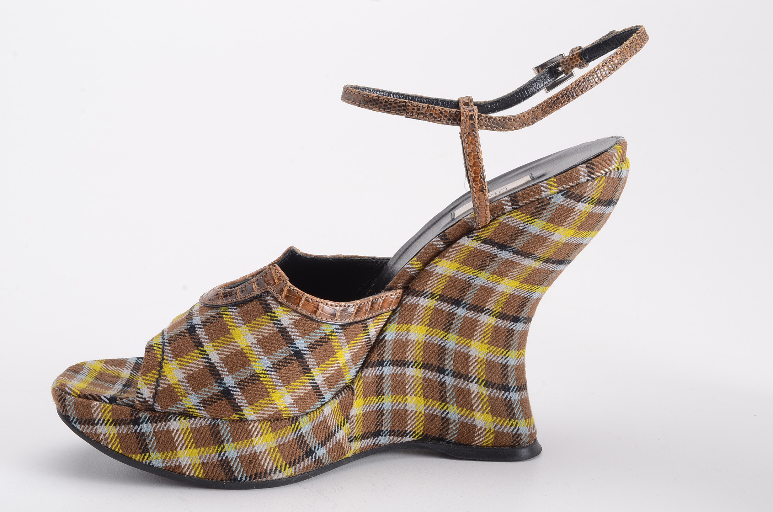 Prada Plaid Lizard Trimmed Wedges