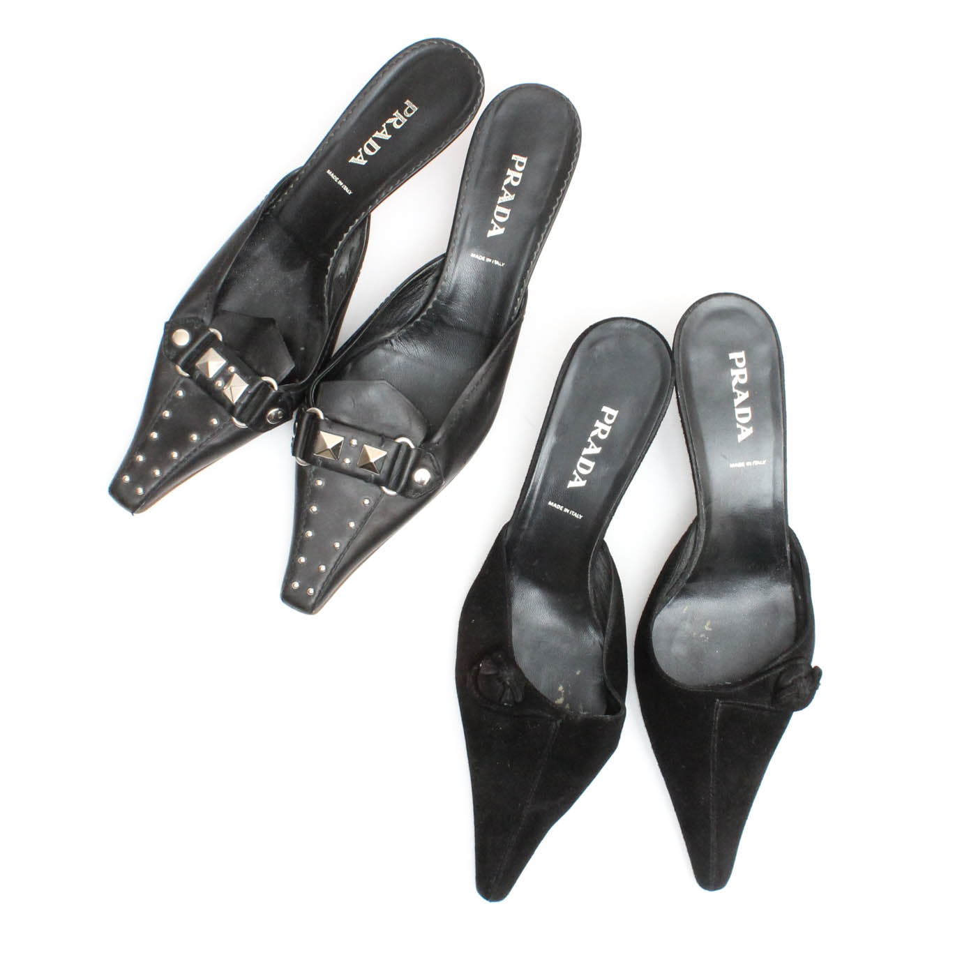 Two Pairs of Prada Black Kitten Heel Mules