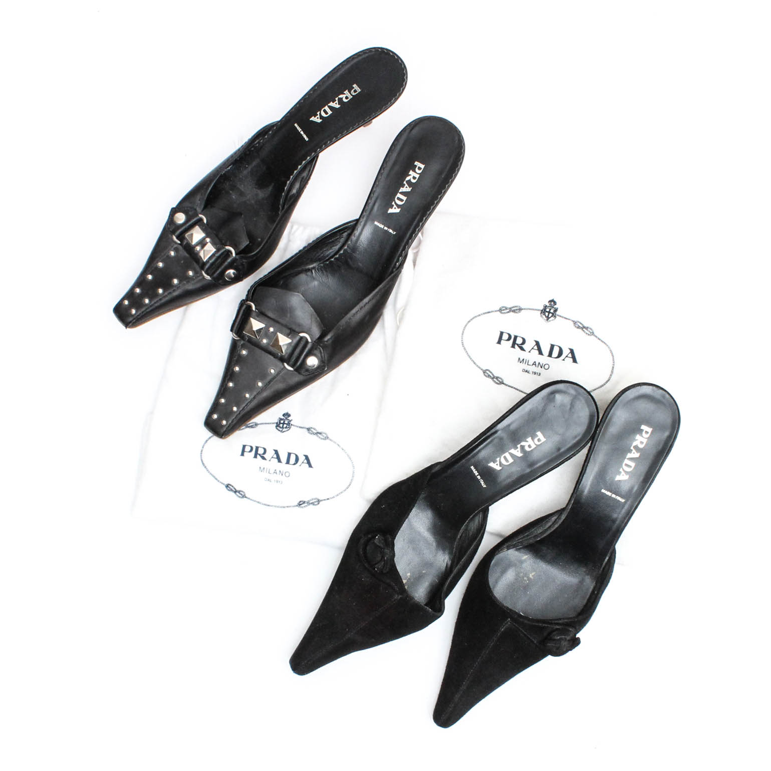 Two Pairs of Prada Black Kitten Heel Mules
