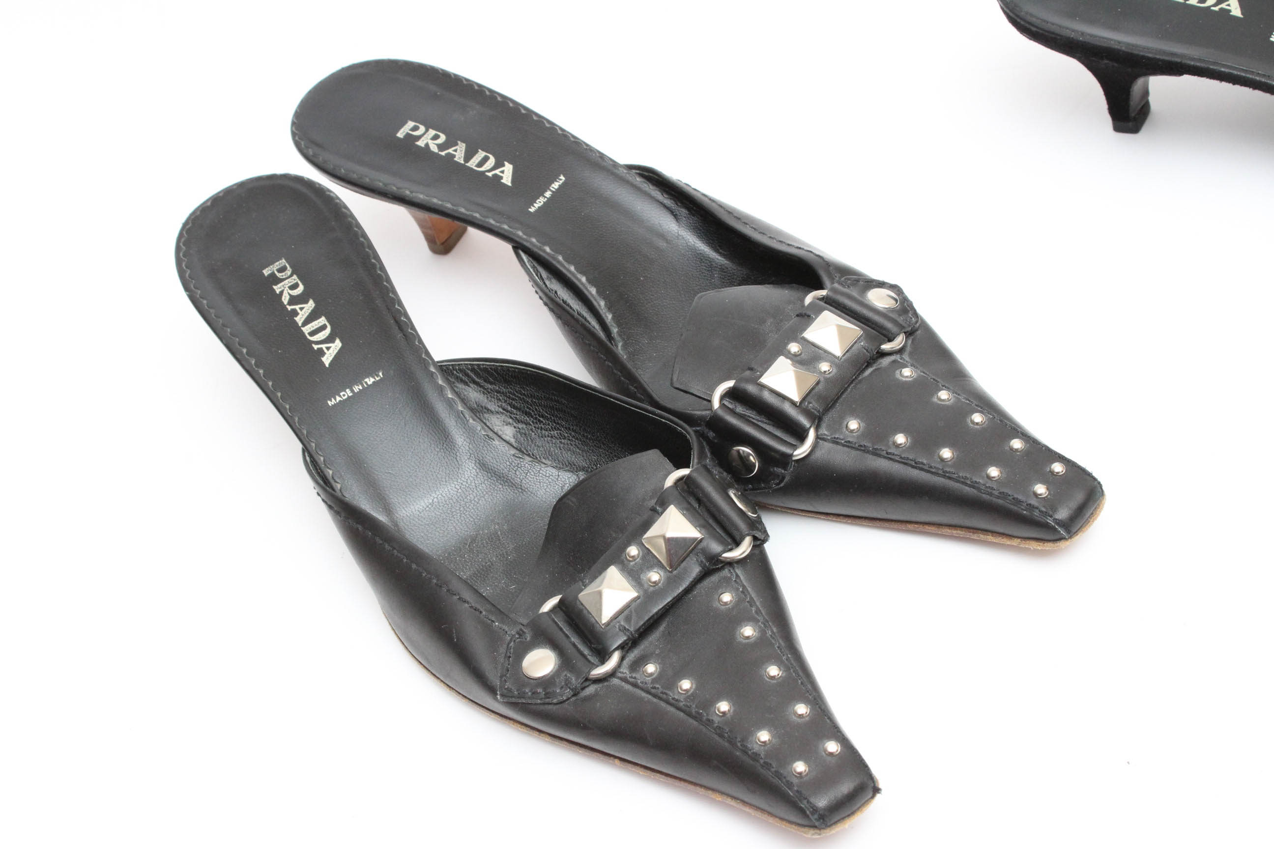Two Pairs of Prada Black Kitten Heel Mules