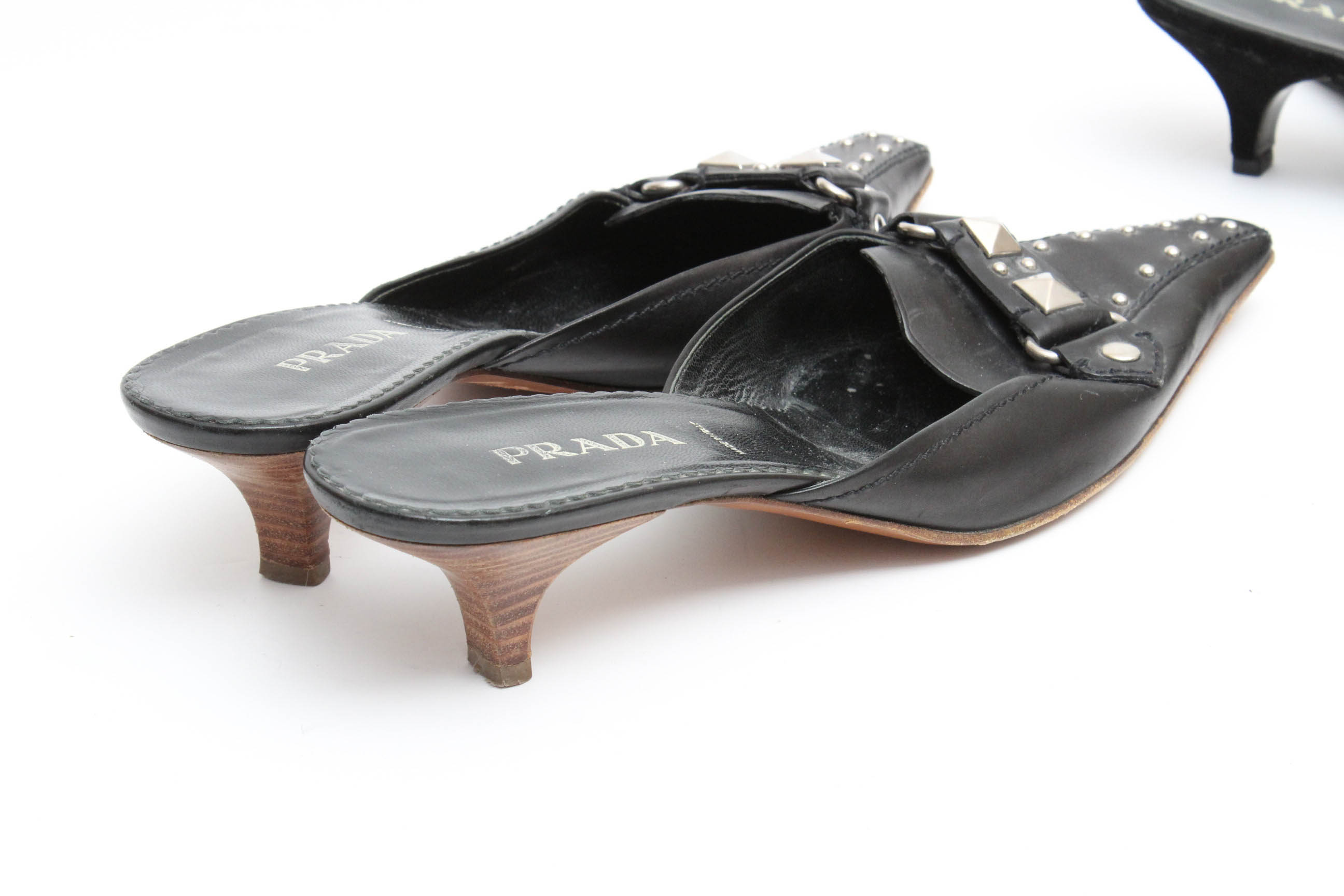 Two Pairs of Prada Black Kitten Heel Mules