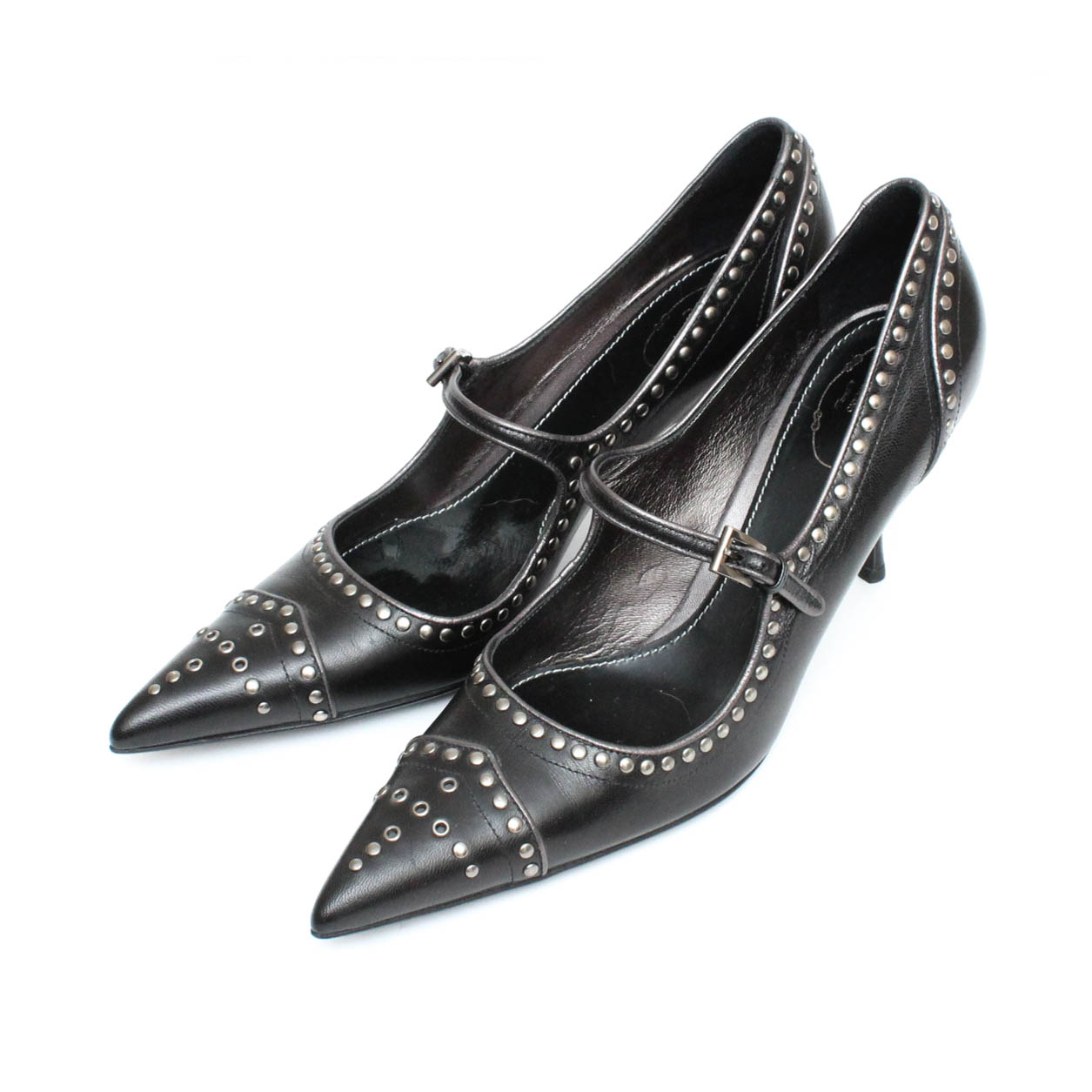 Prada Black Leather Mary Jane Studded Pumps