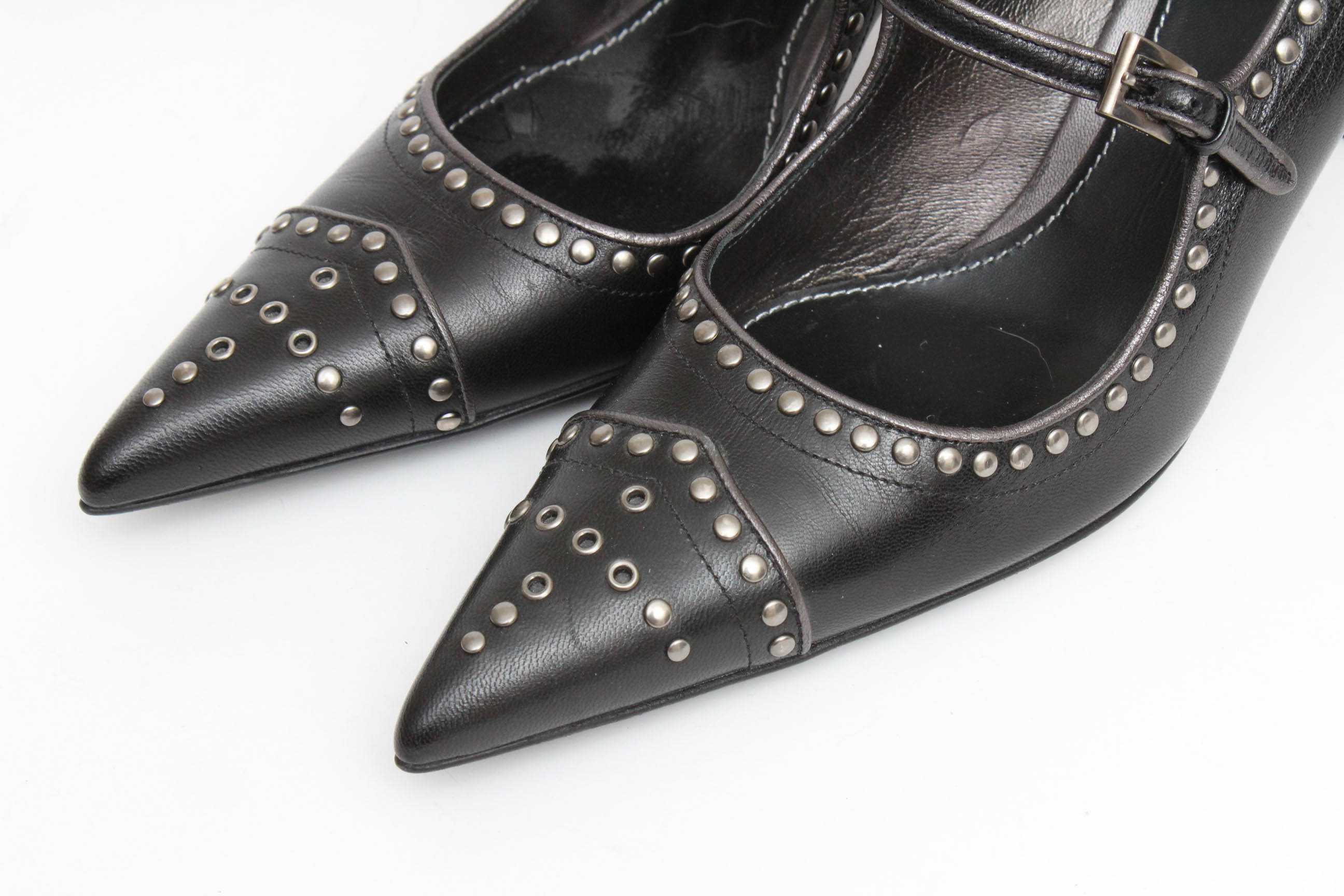 Prada Black Leather Mary Jane Studded Pumps