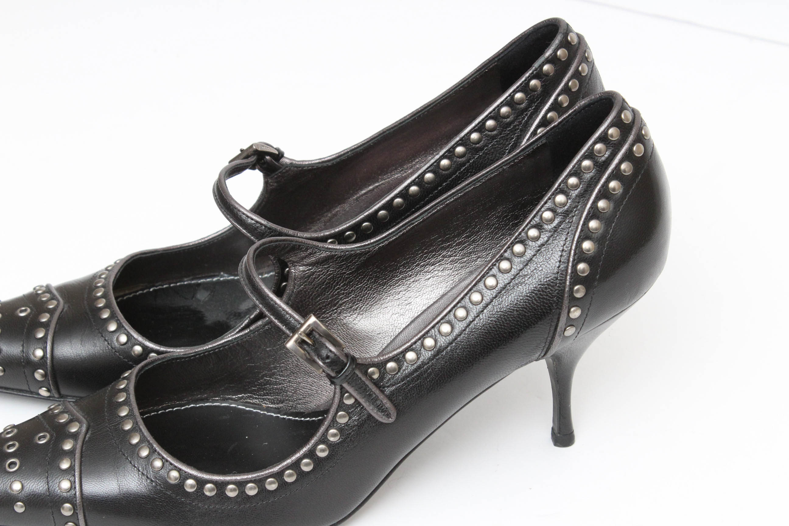 Prada Black Leather Mary Jane Studded Pumps