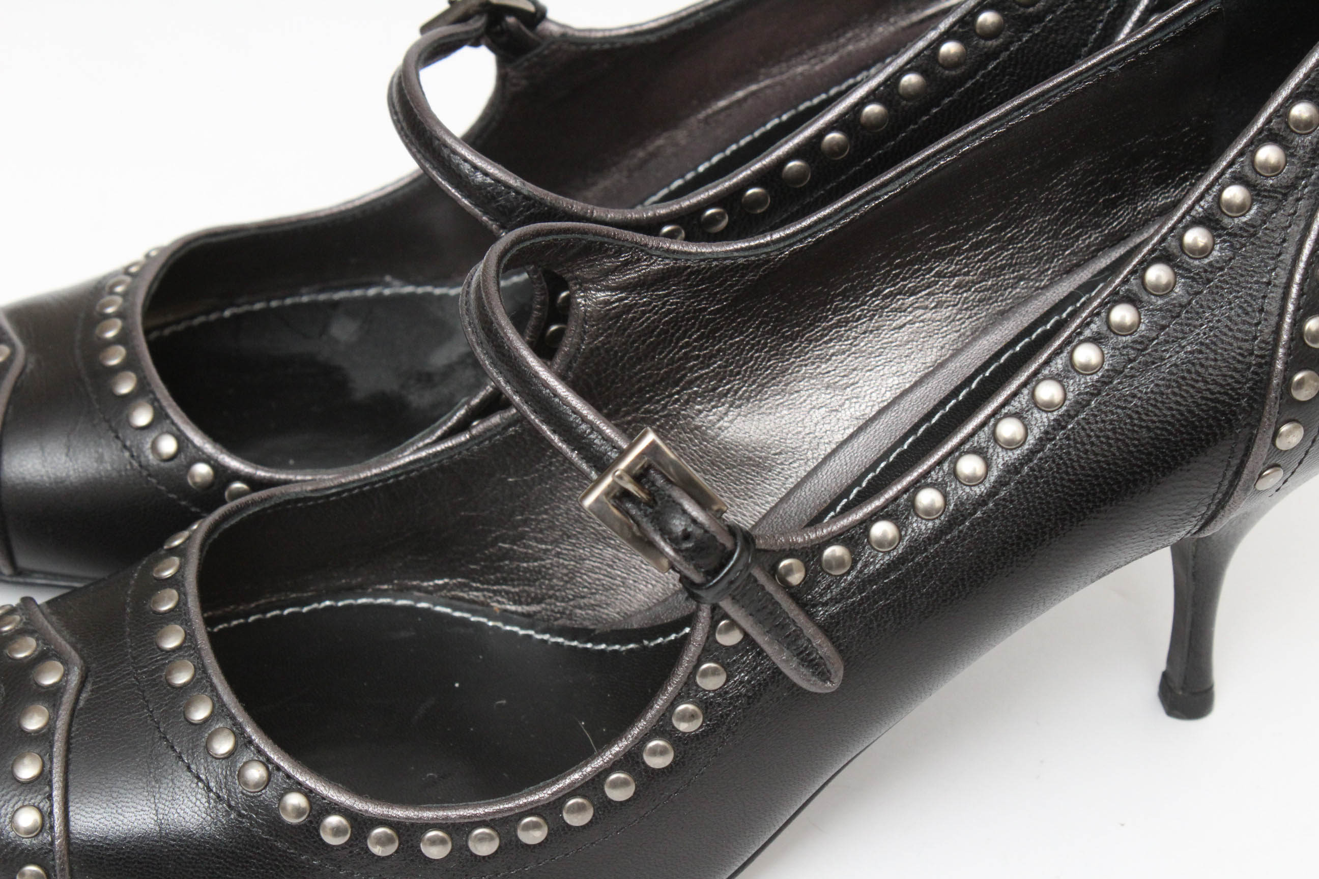 Prada Black Leather Mary Jane Studded Pumps