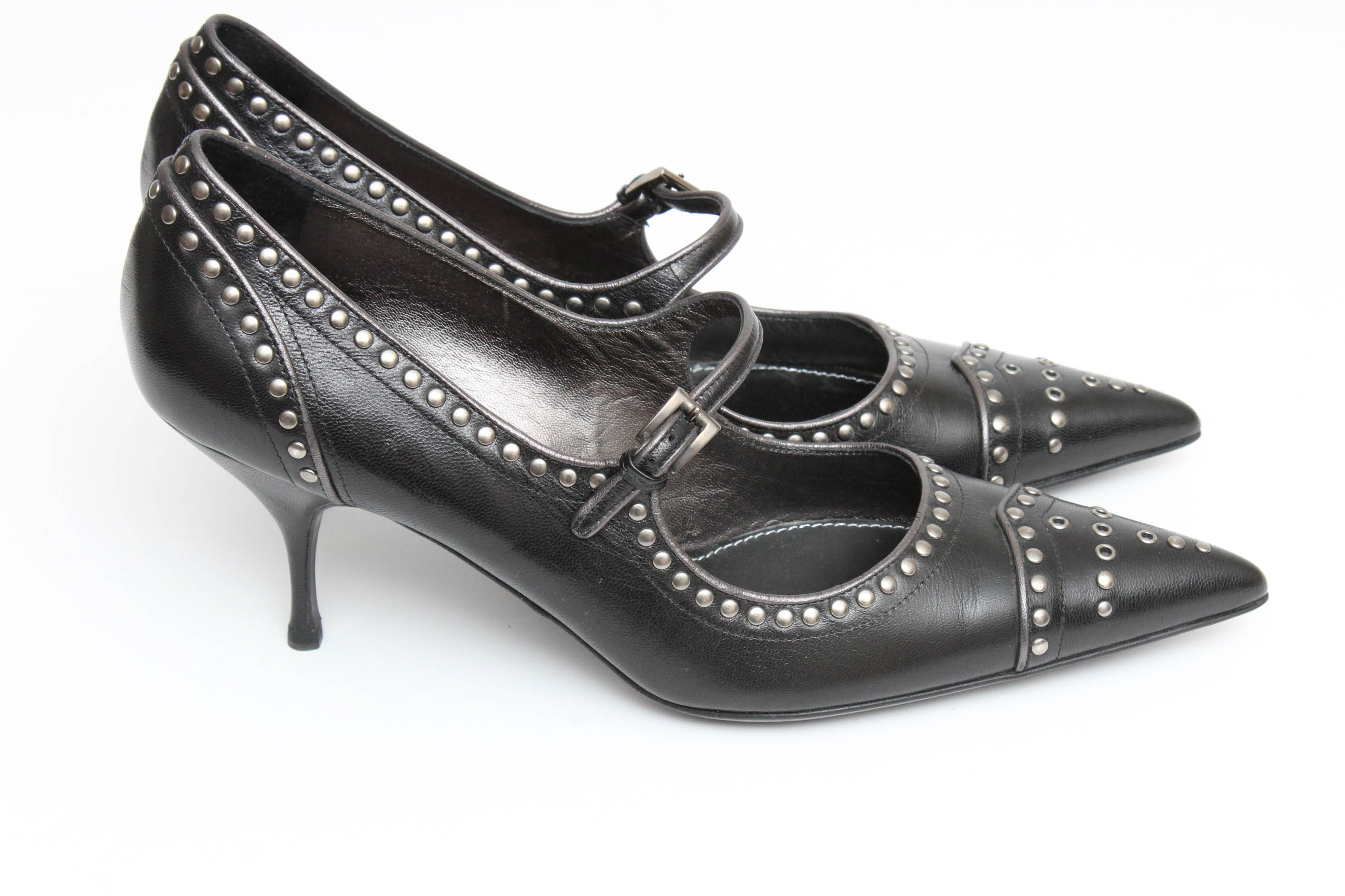 Prada Black Leather Mary Jane Studded Pumps