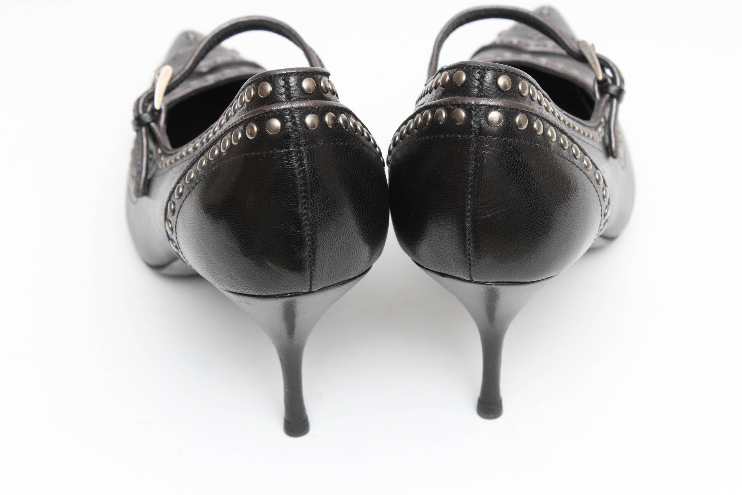 Prada Black Leather Mary Jane Studded Pumps