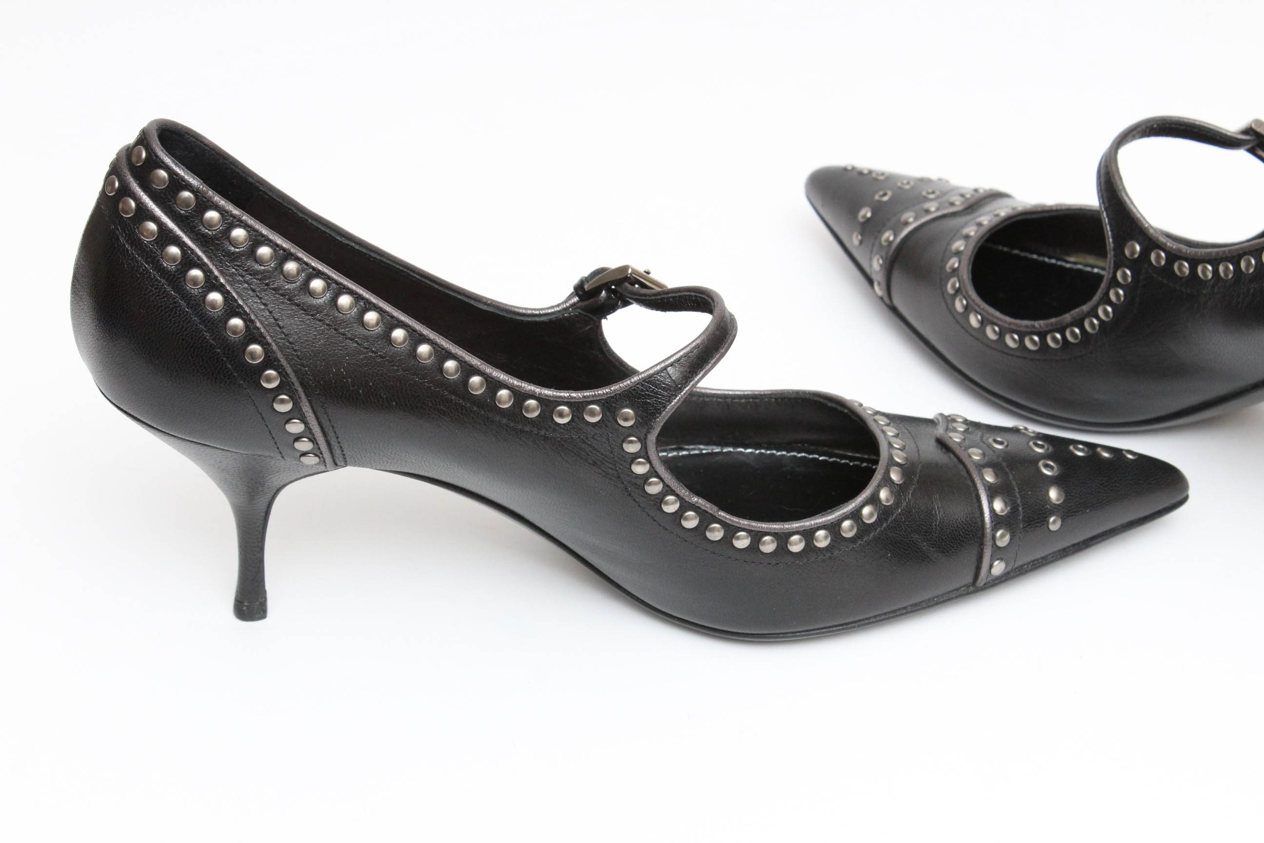Prada Black Leather Mary Jane Studded Pumps