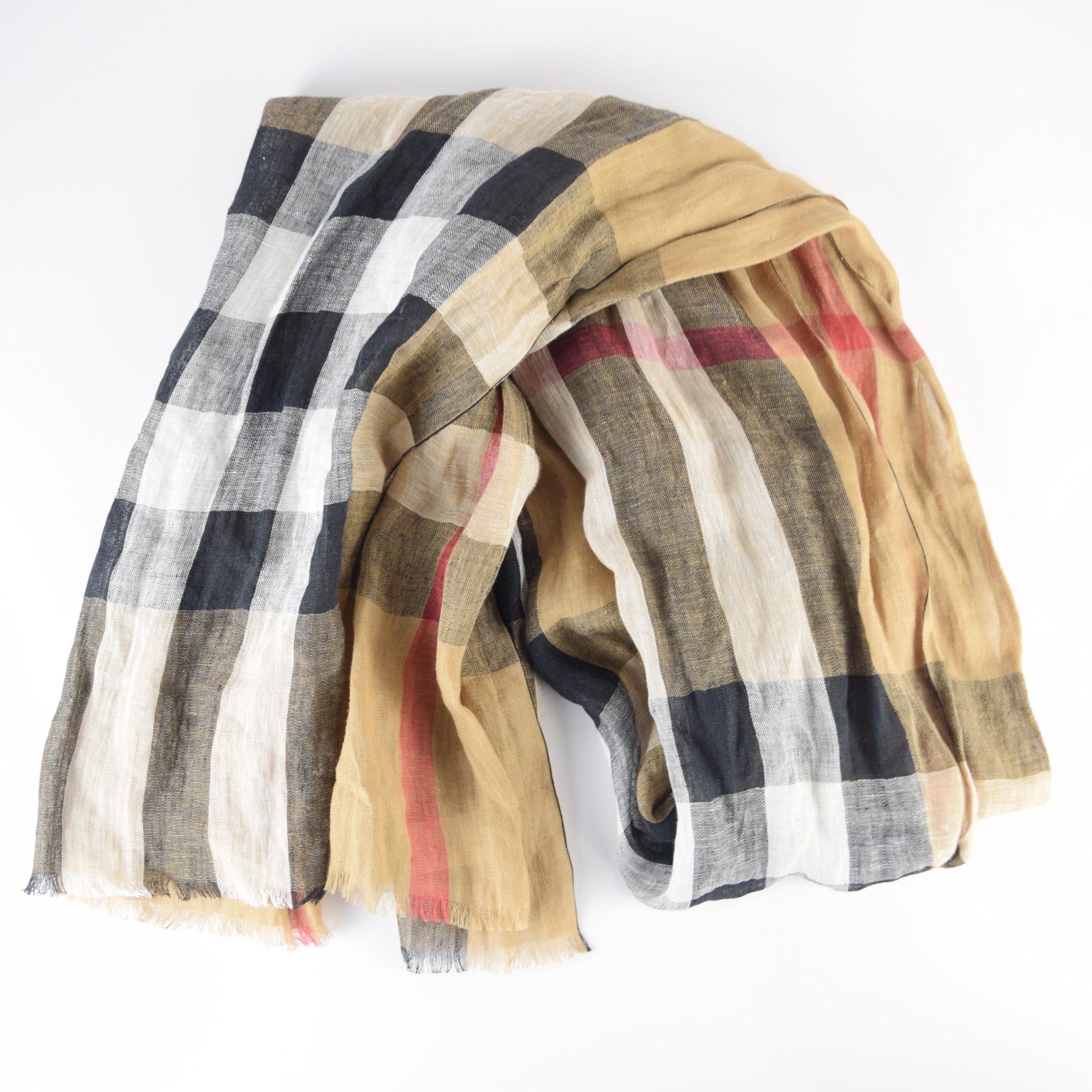Burberry  Linen Scarf in Iconic Tan Plaid, Made in Italy