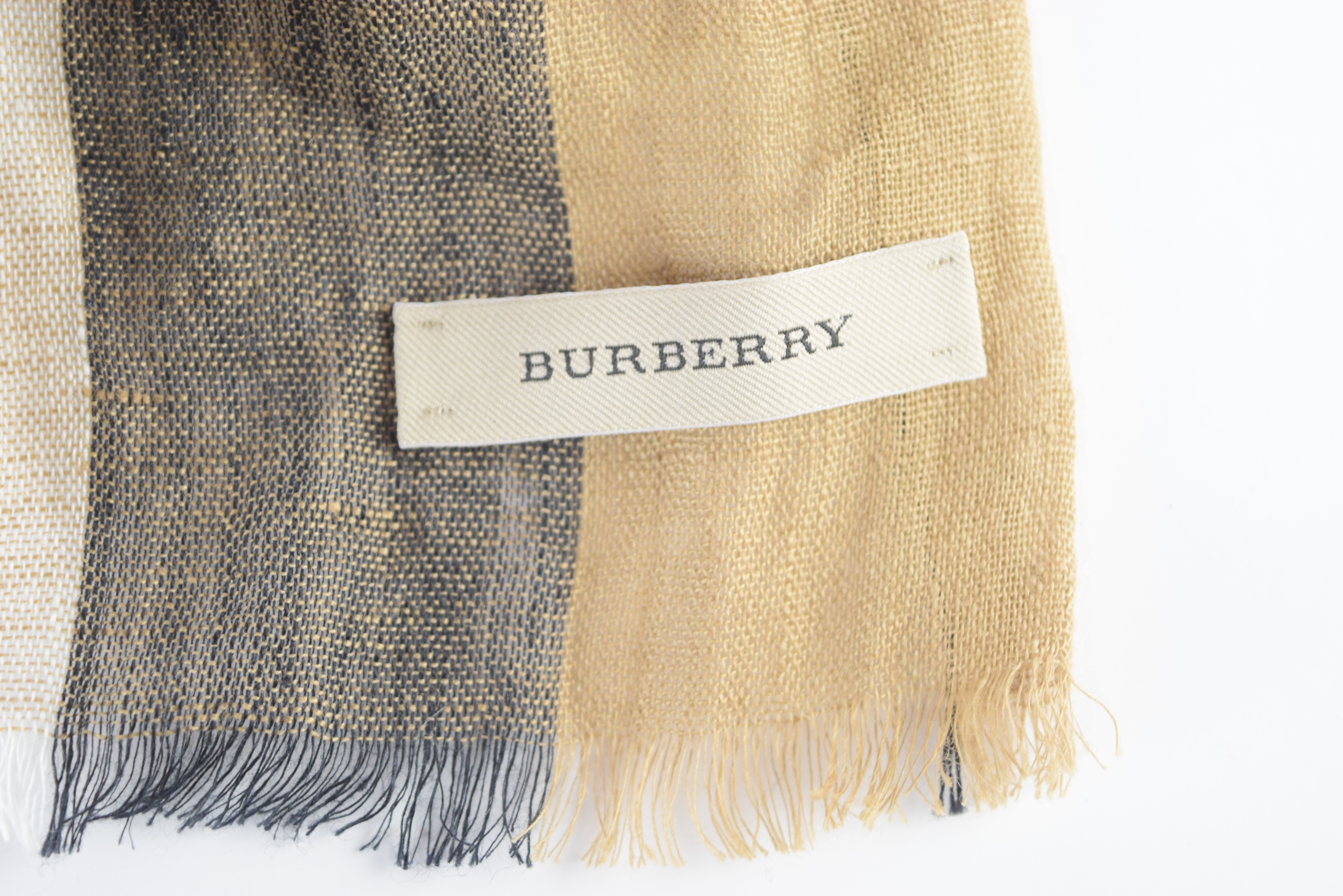 Burberry  Linen Scarf in Iconic Tan Plaid, Made in Italy
