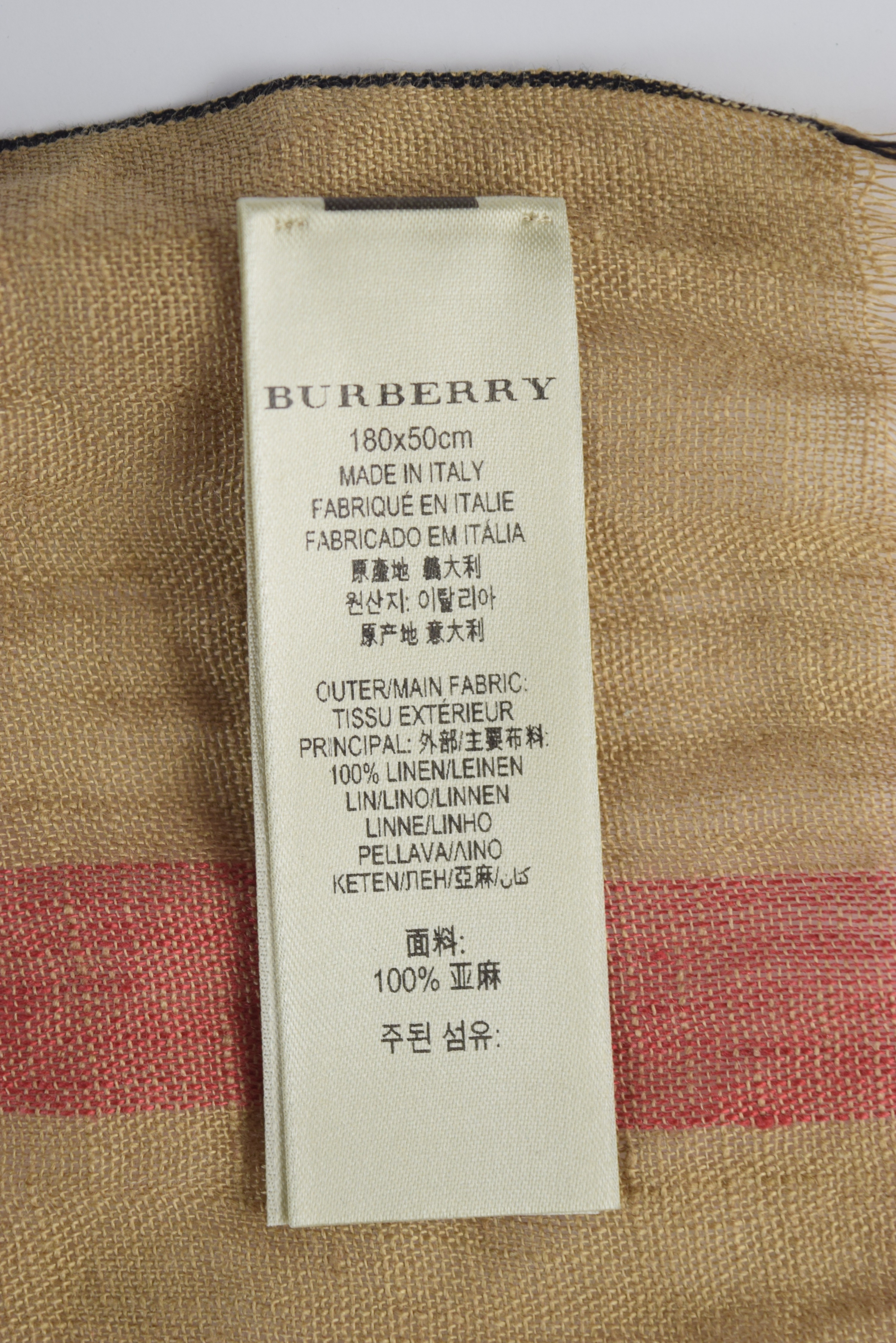 Burberry  Linen Scarf in Iconic Tan Plaid, Made in Italy