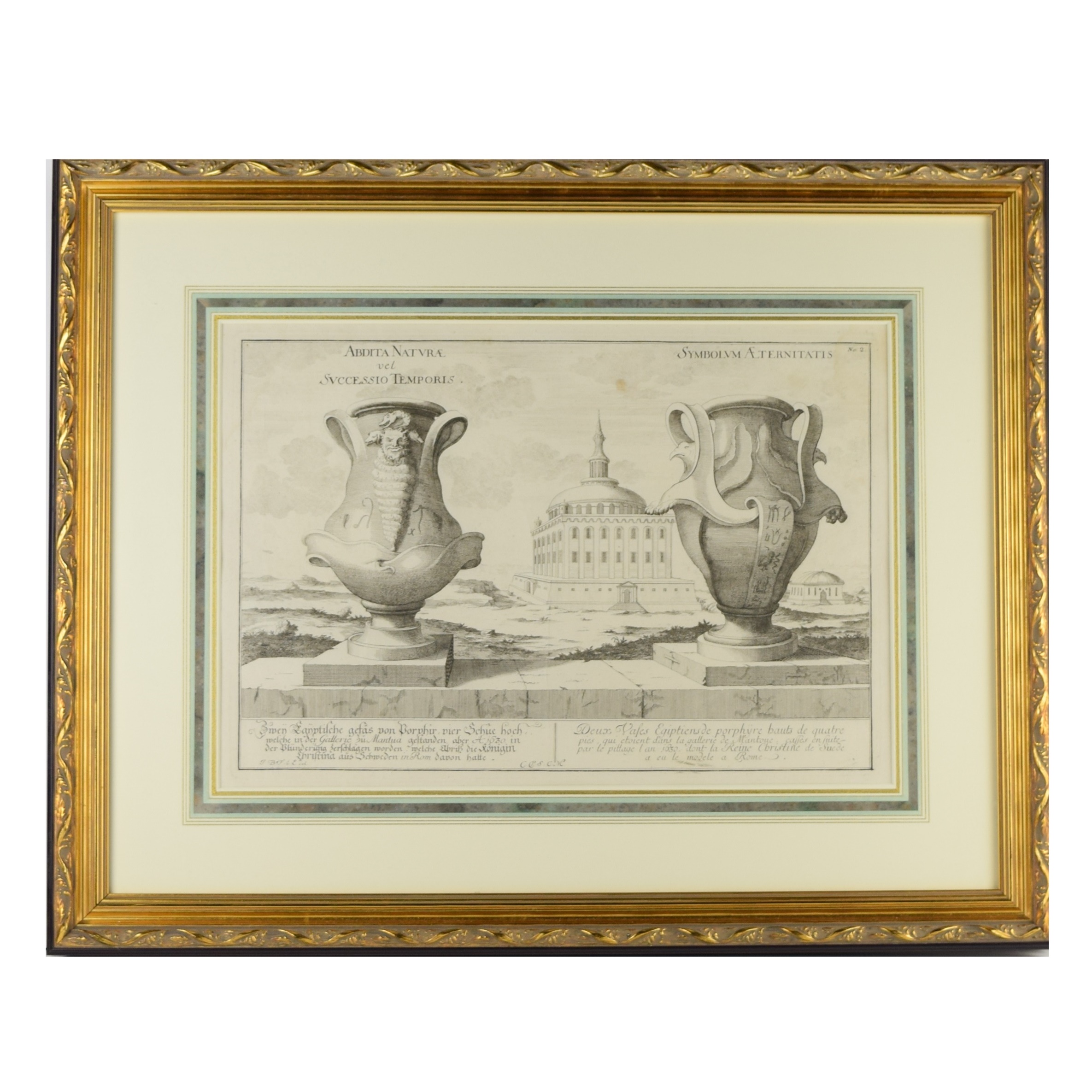 Large French Antique Bookplate Engraving of Classical Urns