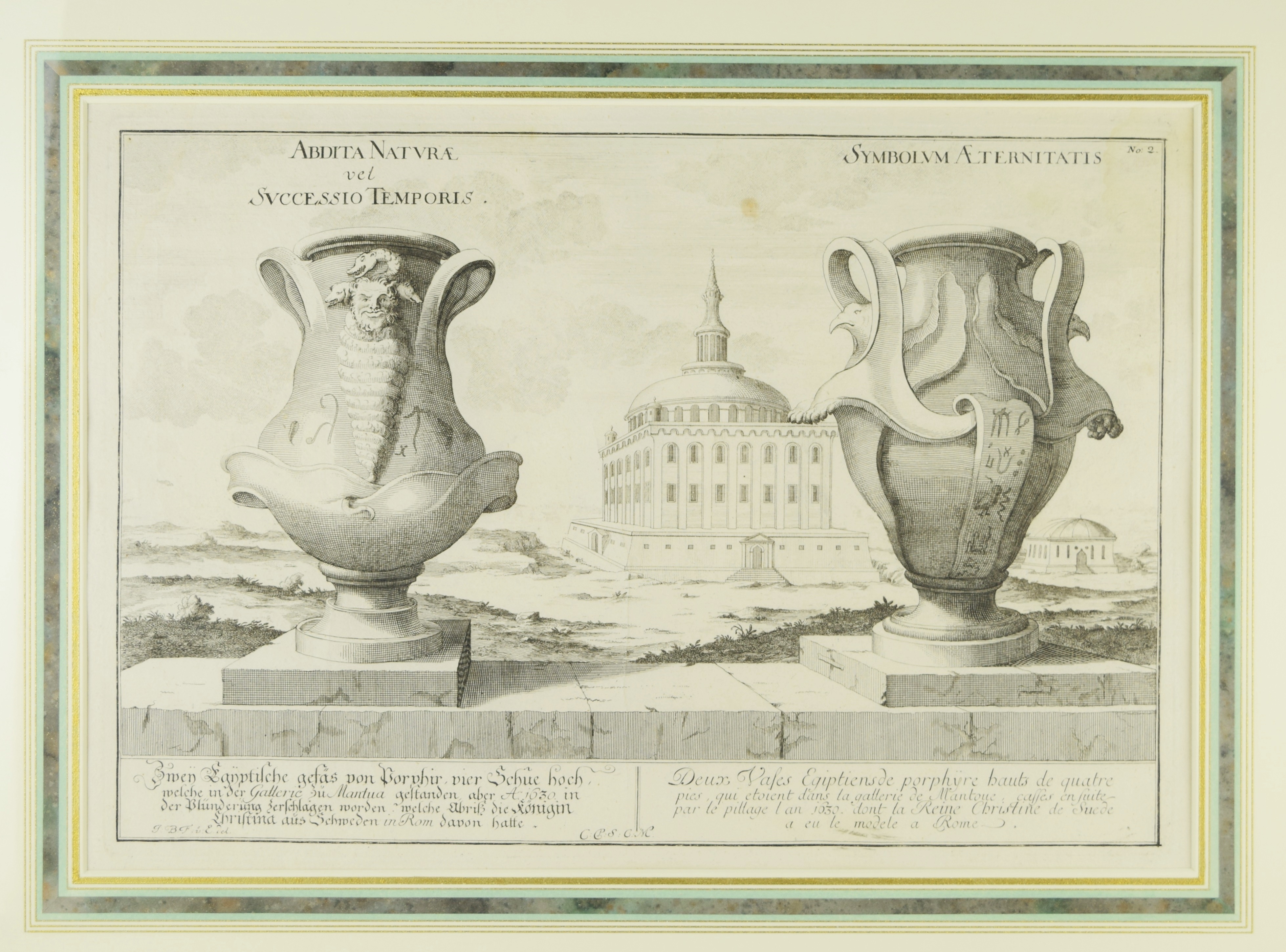 Large French Antique Bookplate Engraving of Classical Urns