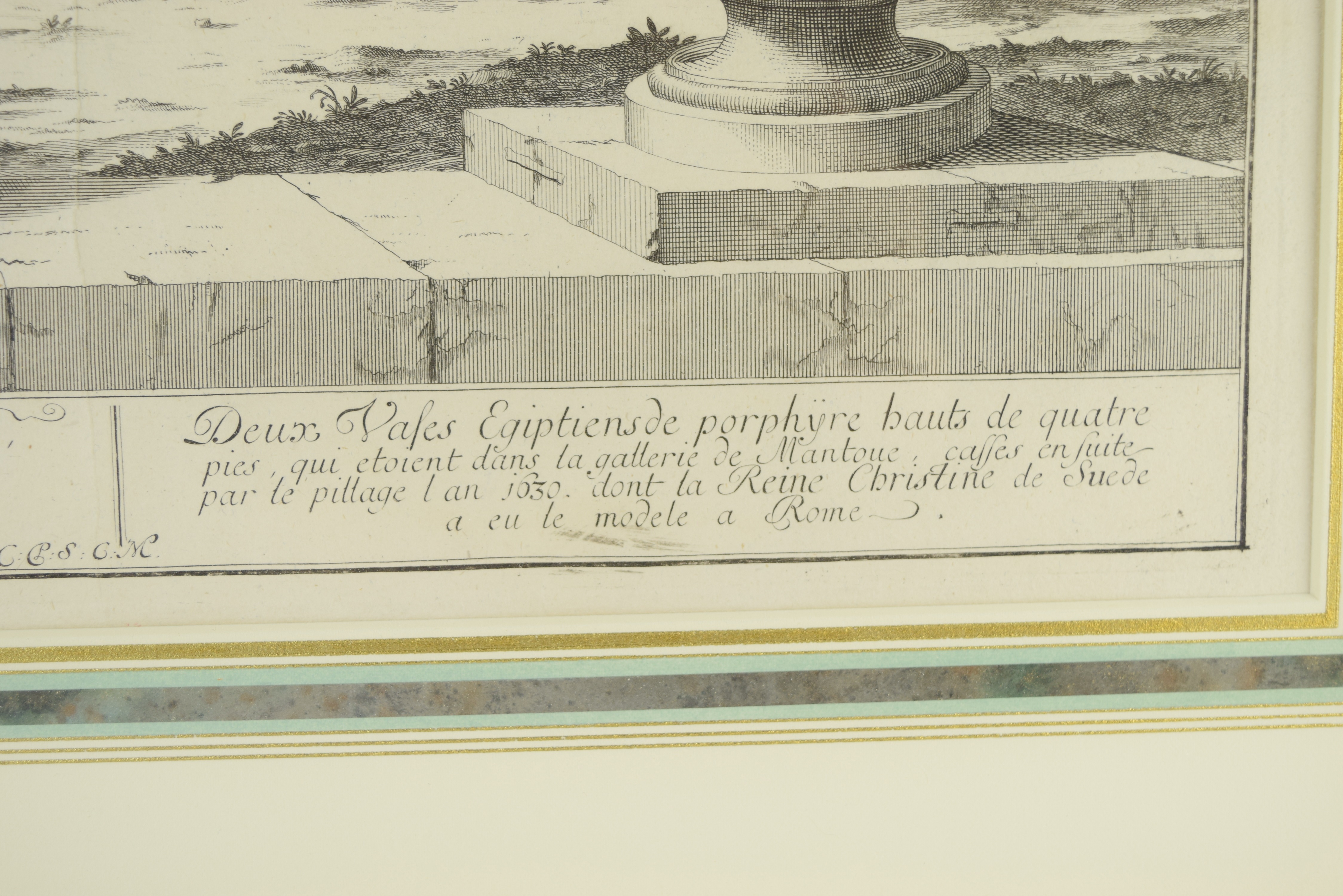 Large French Antique Bookplate Engraving of Classical Urns