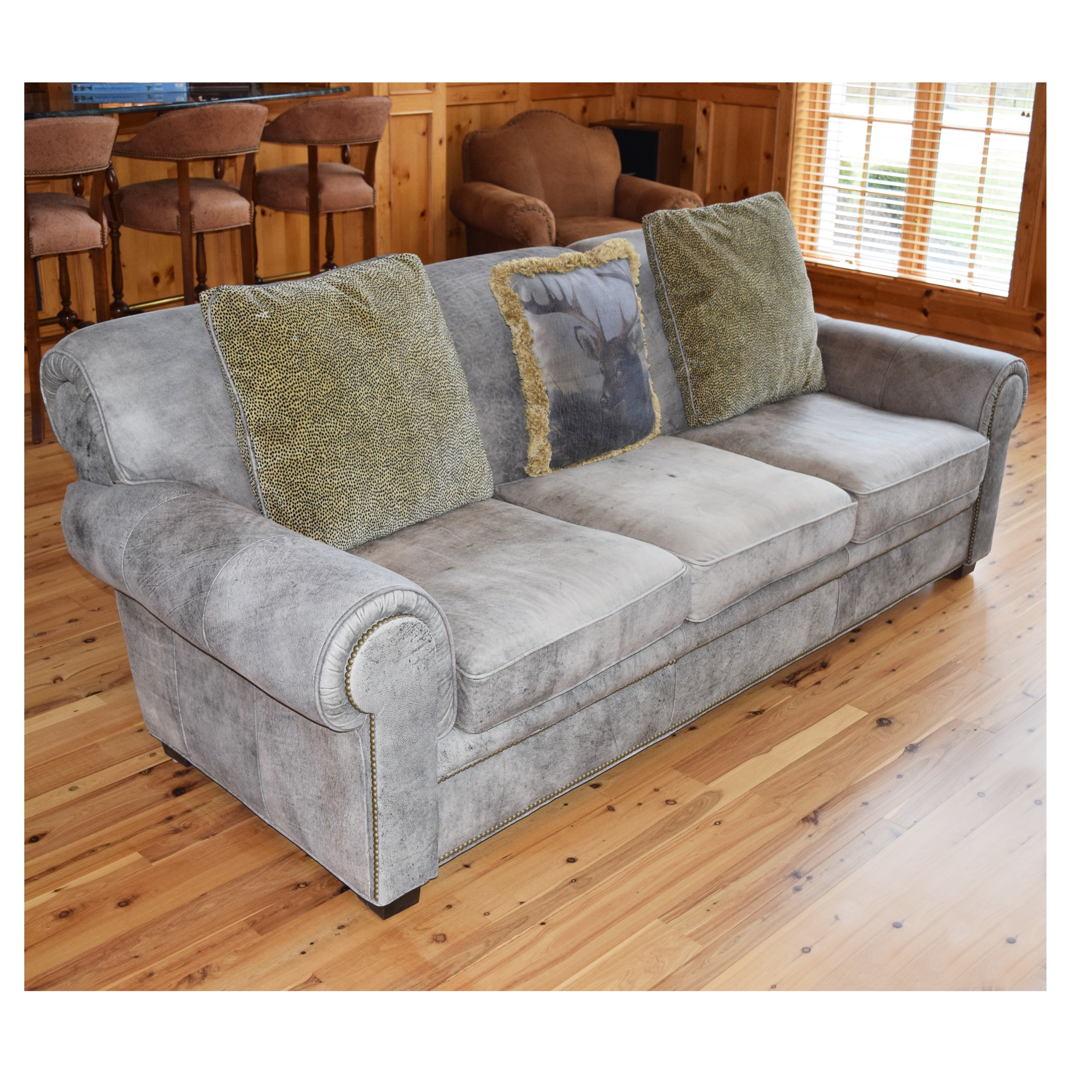 Gray Distressed Leather Sofa with Nail Trim by Century Furniture