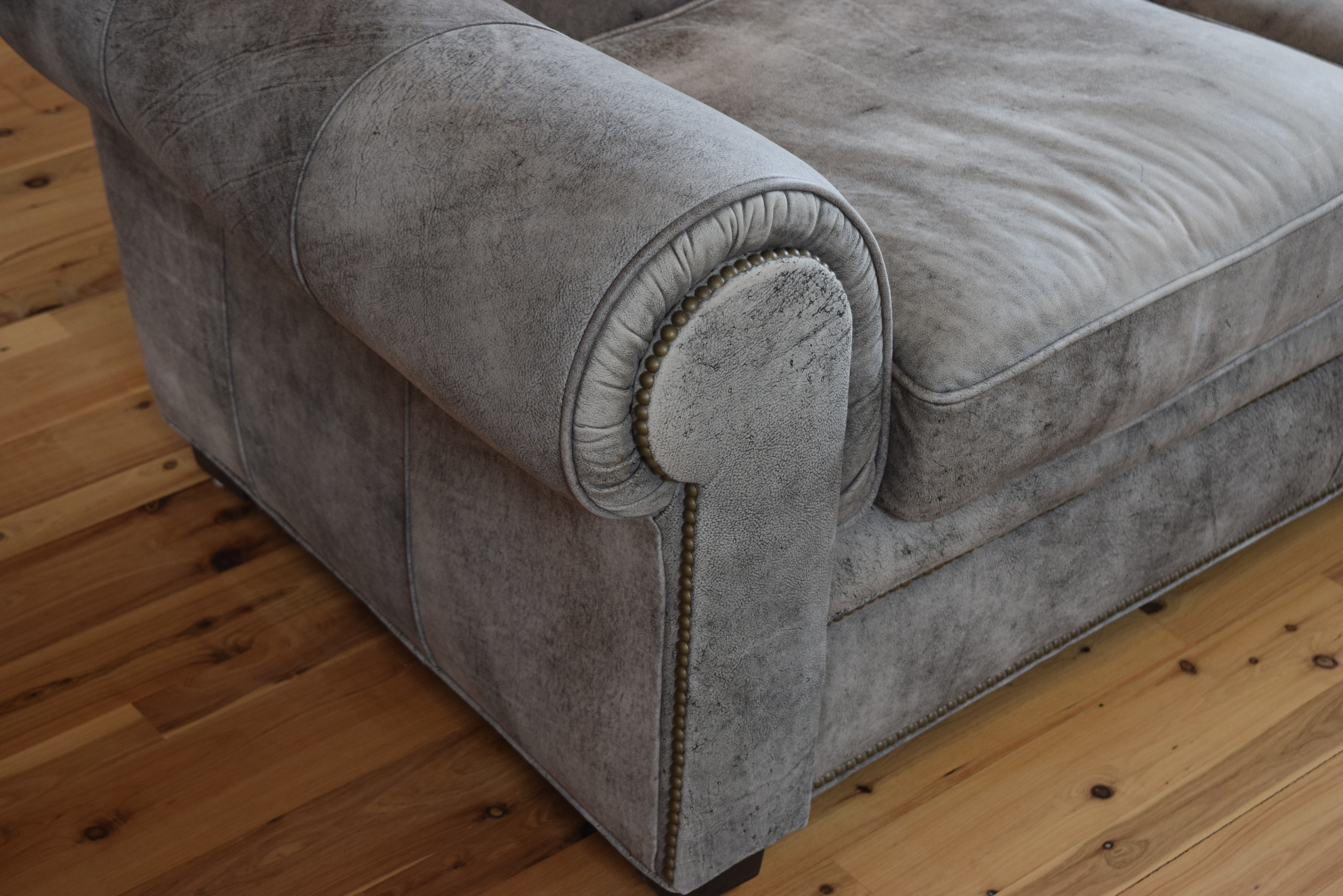 Gray Distressed Leather Sofa with Nail Trim by Century Furniture