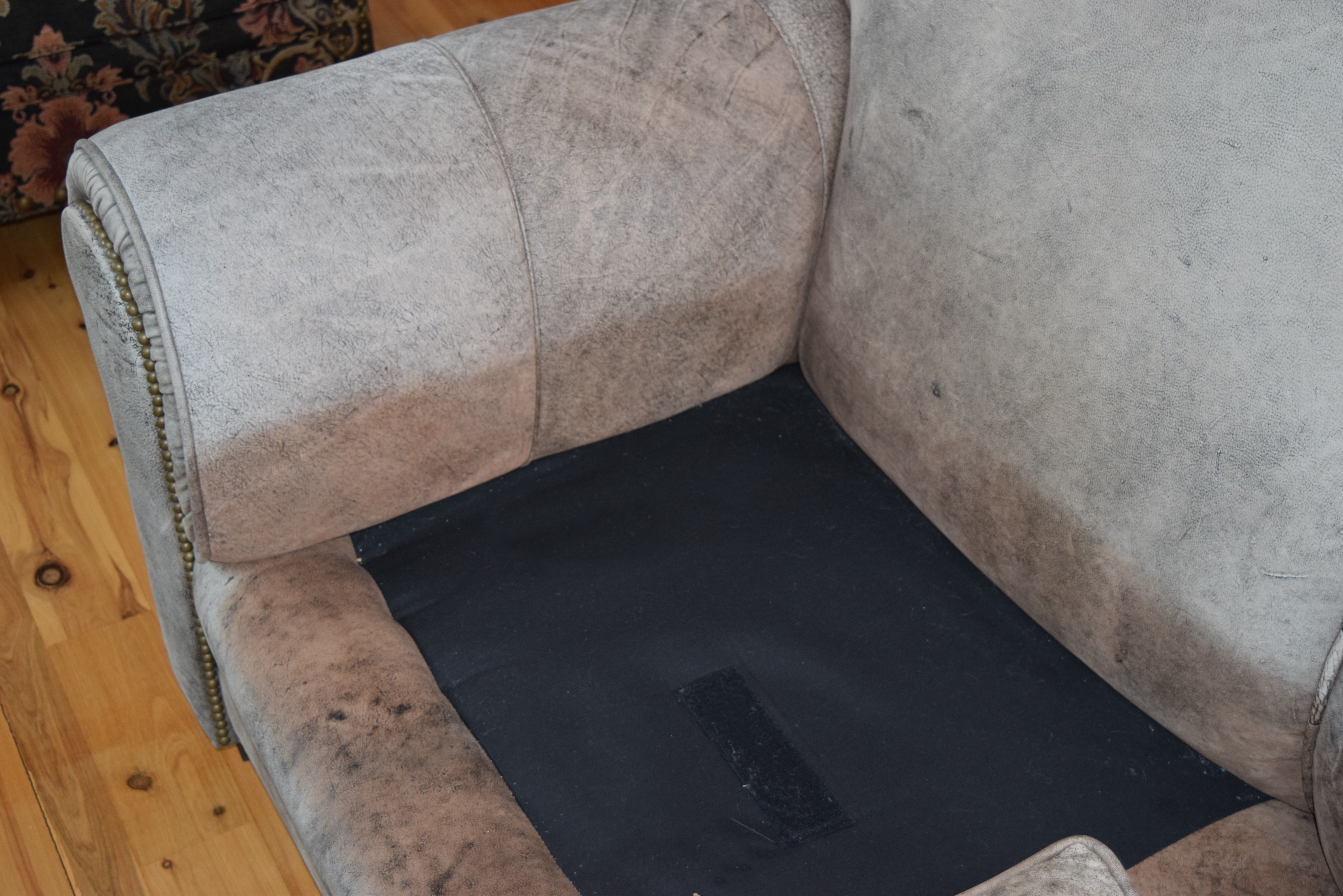 Gray Distressed Leather Sofa with Nail Trim by Century Furniture