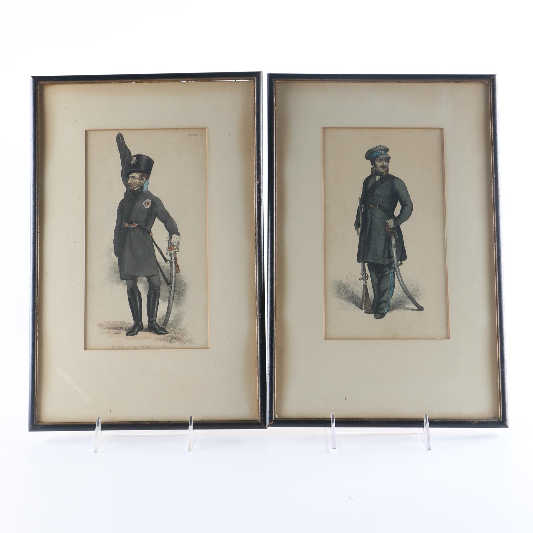 Framed 1810s Engravings of Napoleonic Soldiers From "Ackermann's Repository"