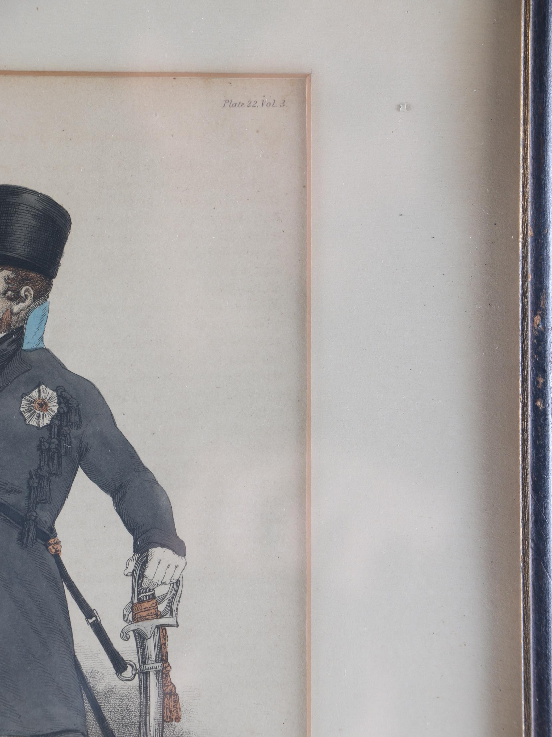 Framed 1810s Engravings of Napoleonic Soldiers From "Ackermann's Repository"