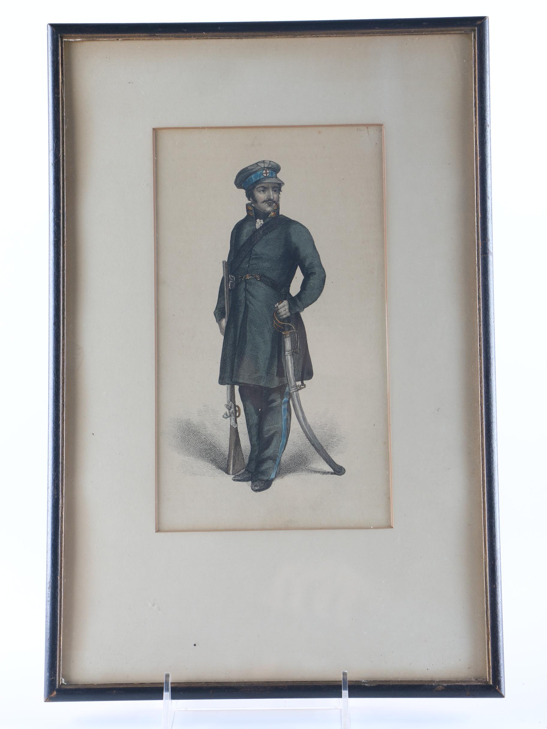 Framed 1810s Engravings of Napoleonic Soldiers From "Ackermann's Repository"