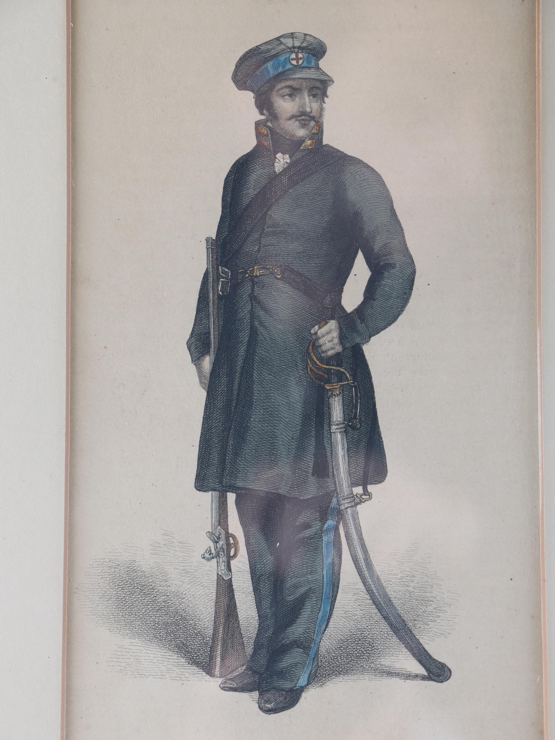 Framed 1810s Engravings of Napoleonic Soldiers From "Ackermann's Repository"