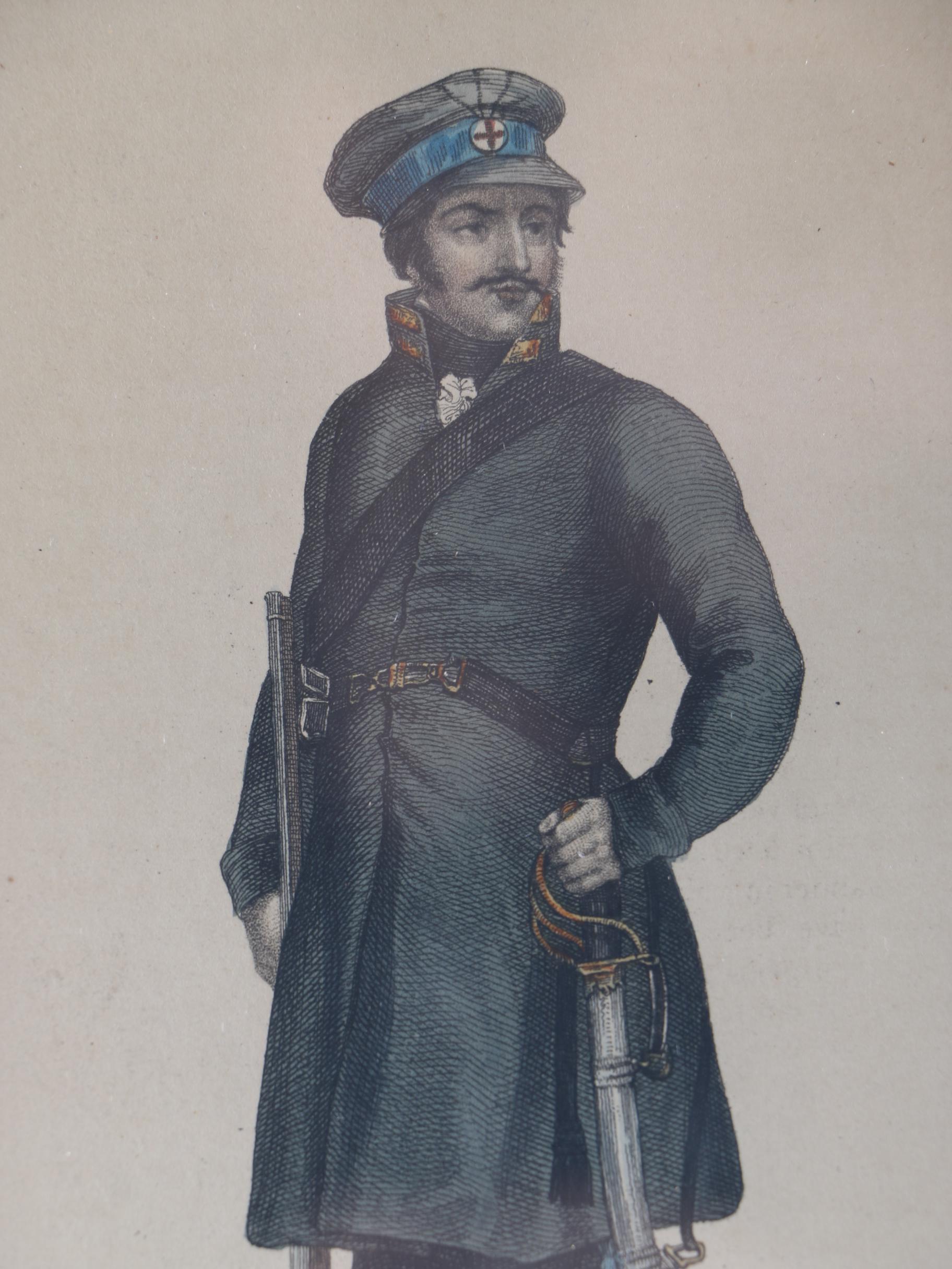 Framed 1810s Engravings of Napoleonic Soldiers From "Ackermann's Repository"