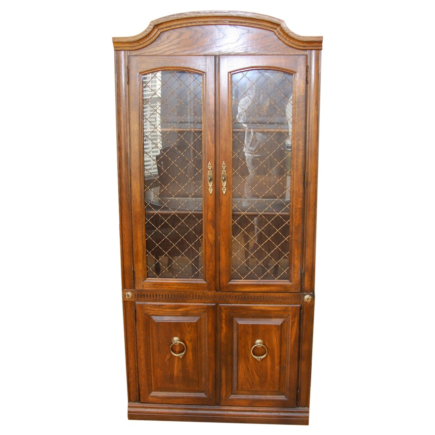 Vintage Aged Oak Finish China Cabinet With Wire Mesh Door Inserts