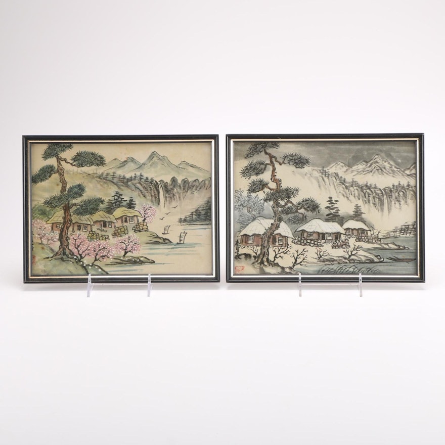 Pair of Framed East Asian Gouache and Ink Drawings of Landscapes