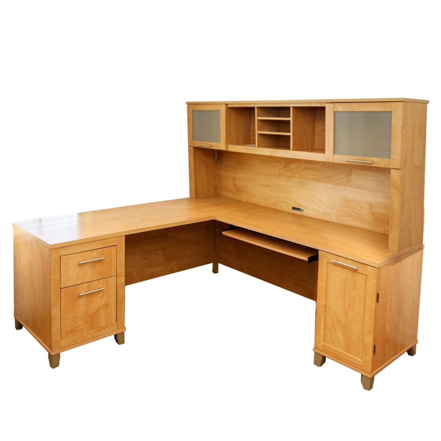 Bush Furniture Contemporary L-Shaped Desk With Hutch in a Maple-Tone