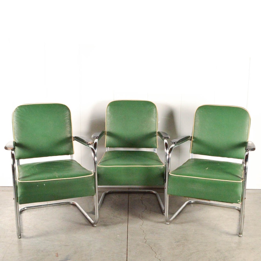 Three Vintage Vinyl and Chrome Barber Waiting Room Chairs