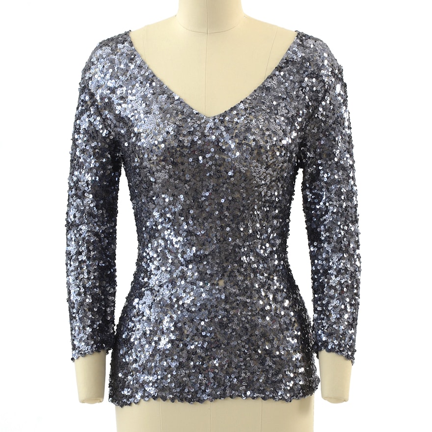 Roberta Freyman Gunmetal Grey Sequined Mesh Blouse