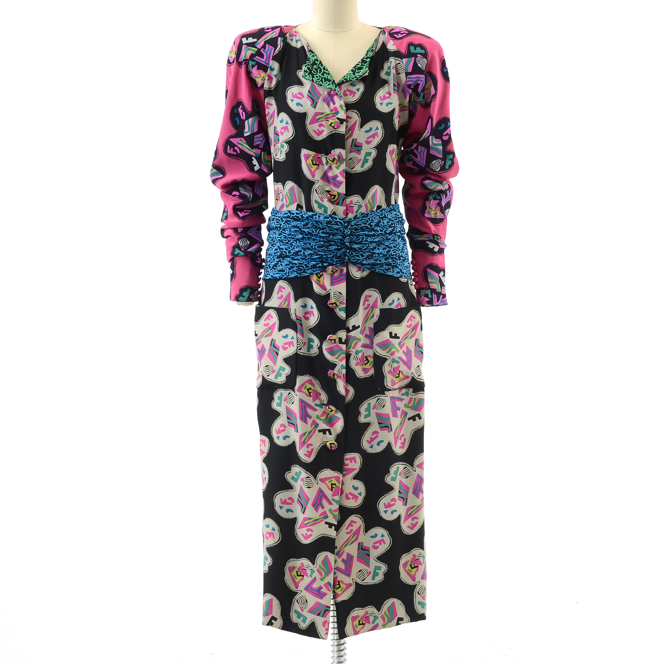1980s Fendi Silk Abstract Print Button Front Dress
