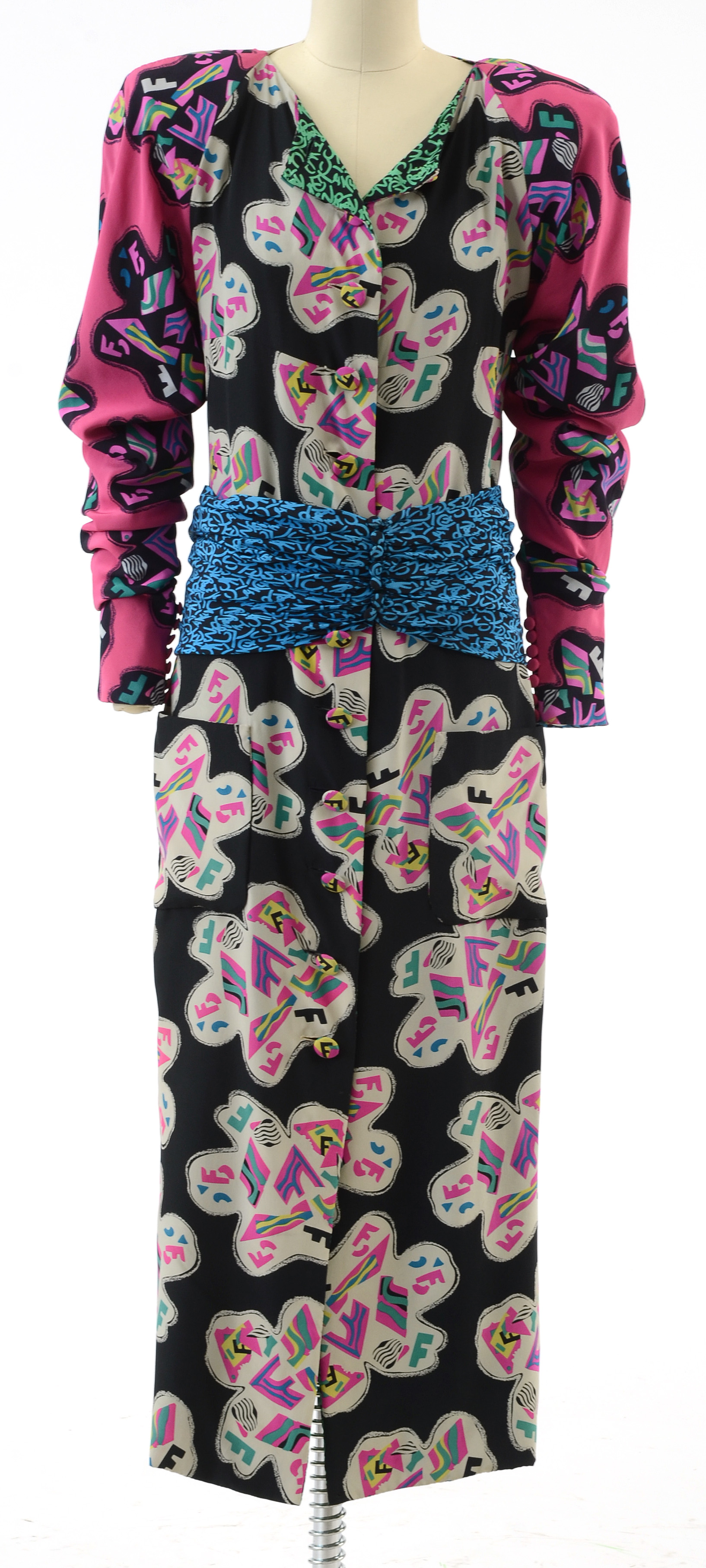1980s Fendi Silk Abstract Print Button Front Dress
