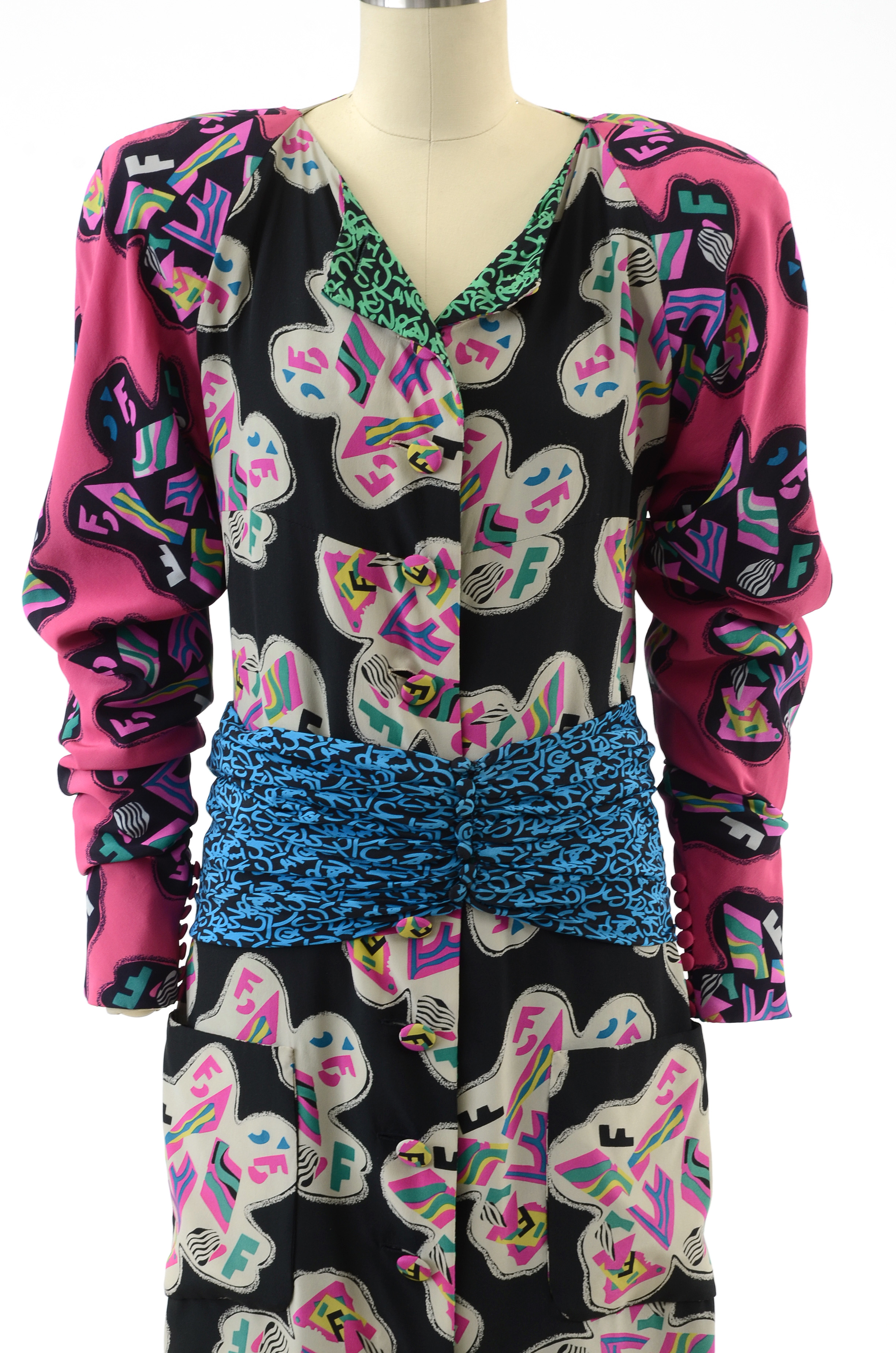 1980s Fendi Silk Abstract Print Button Front Dress
