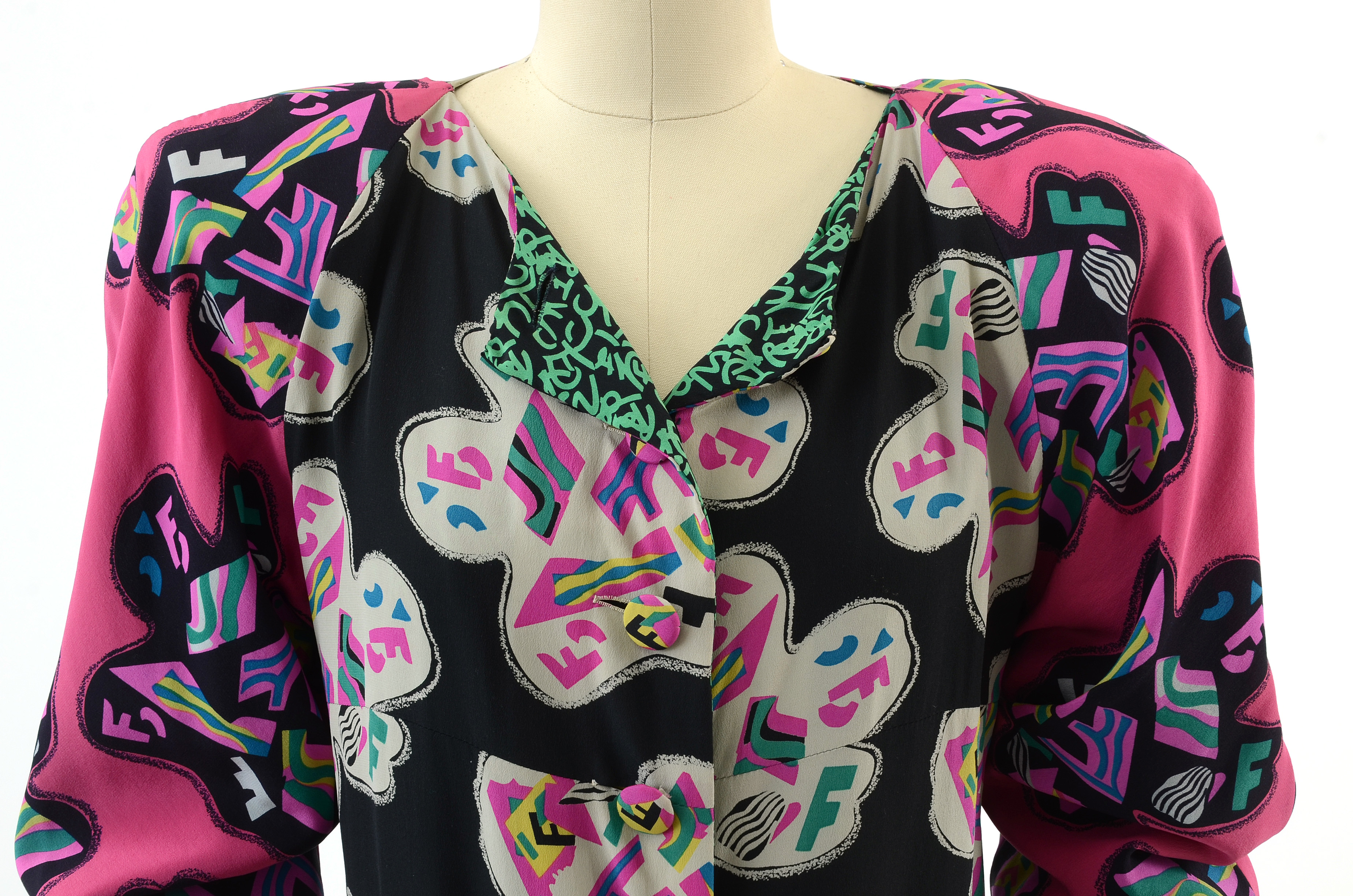 1980s Fendi Silk Abstract Print Button Front Dress