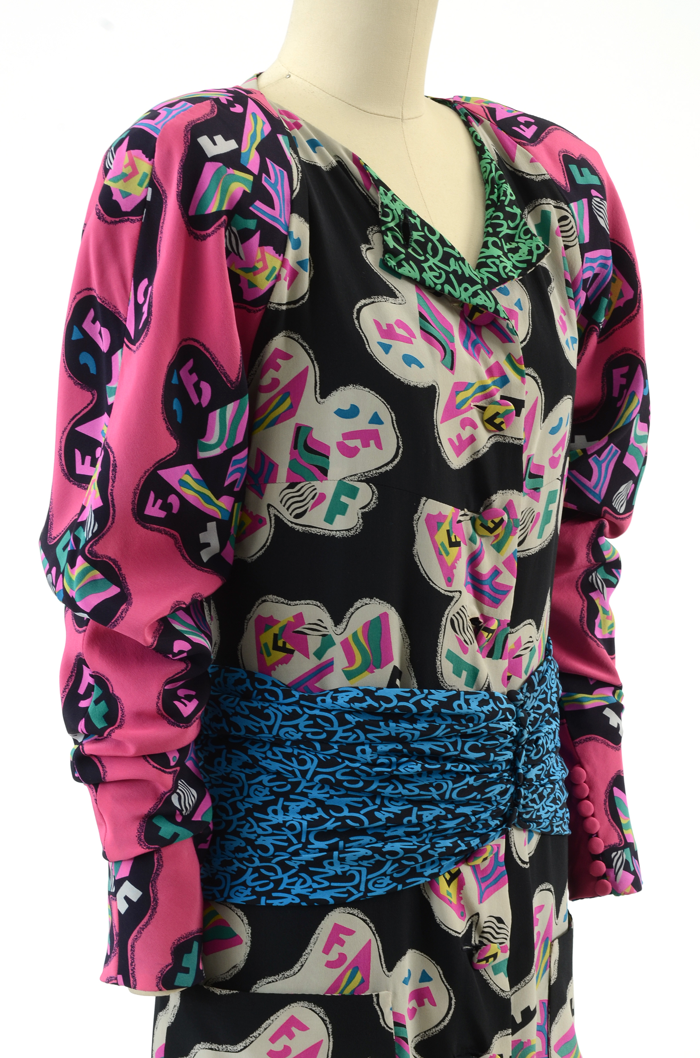 1980s Fendi Silk Abstract Print Button Front Dress