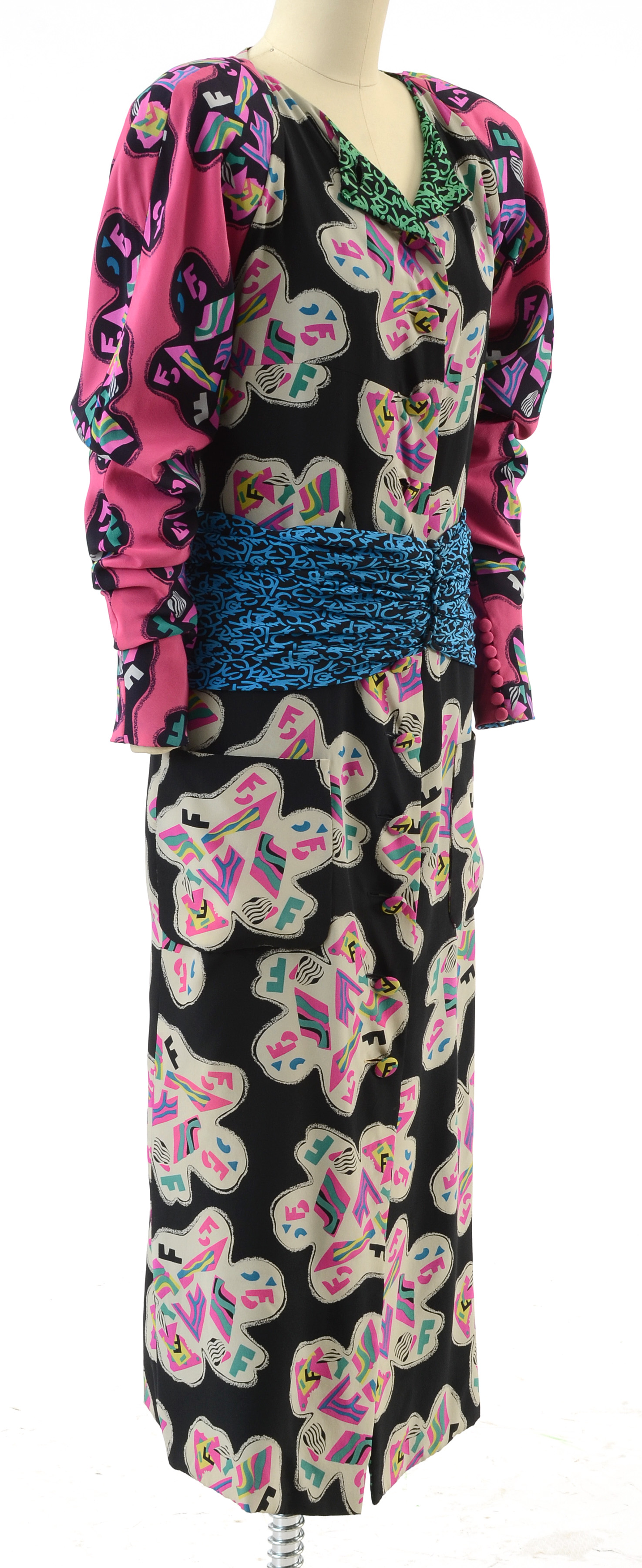 1980s Fendi Silk Abstract Print Button Front Dress