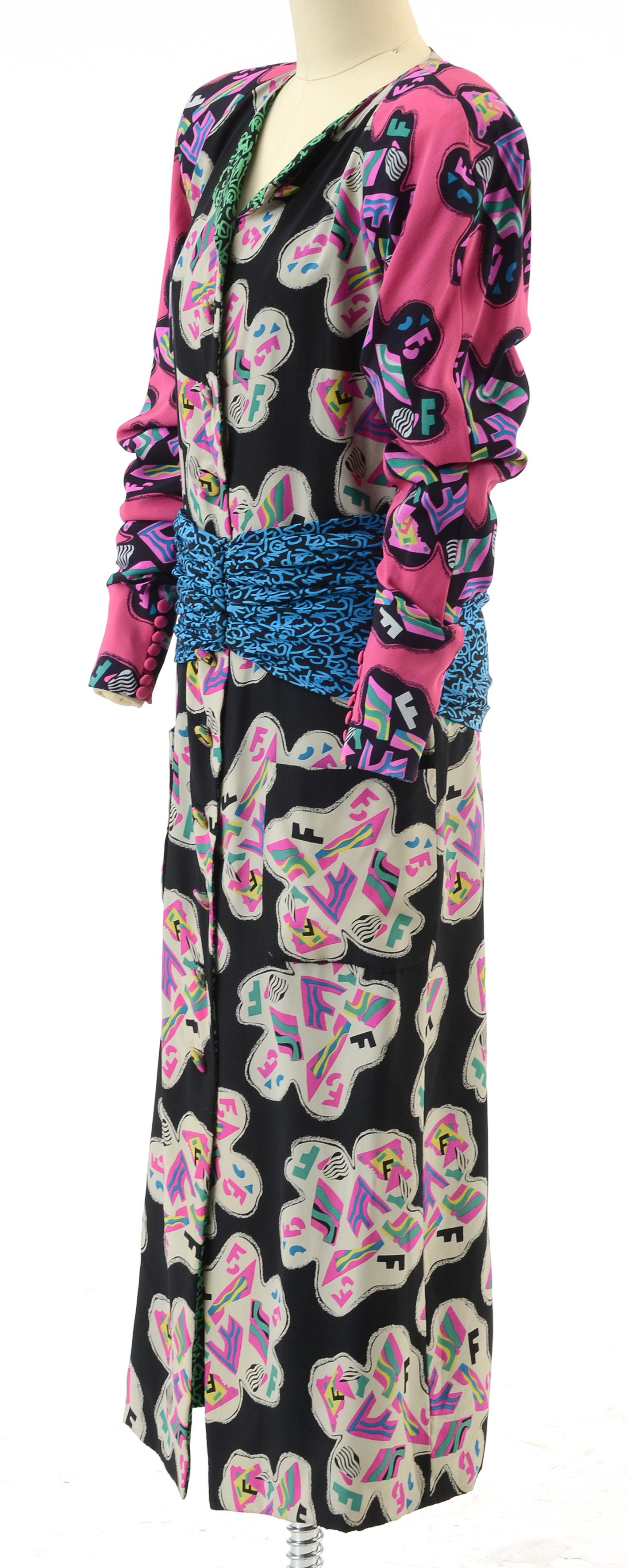 1980s Fendi Silk Abstract Print Button Front Dress