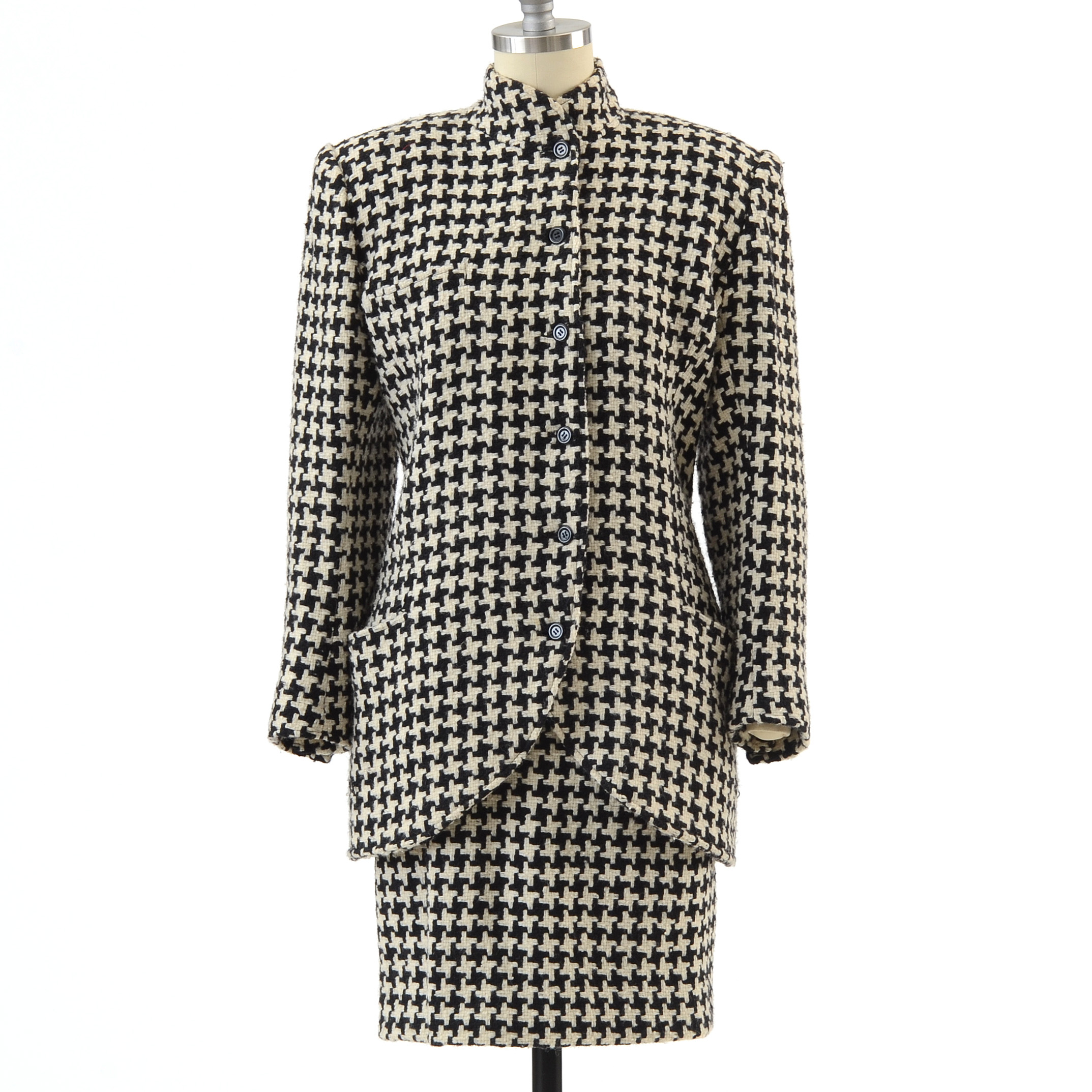 1980s Vintage Ungaro Parallele of Paris Black and Ivory Wool Knit Suit Susan Wore When She Met President Bush and First Lady Barbara Bush